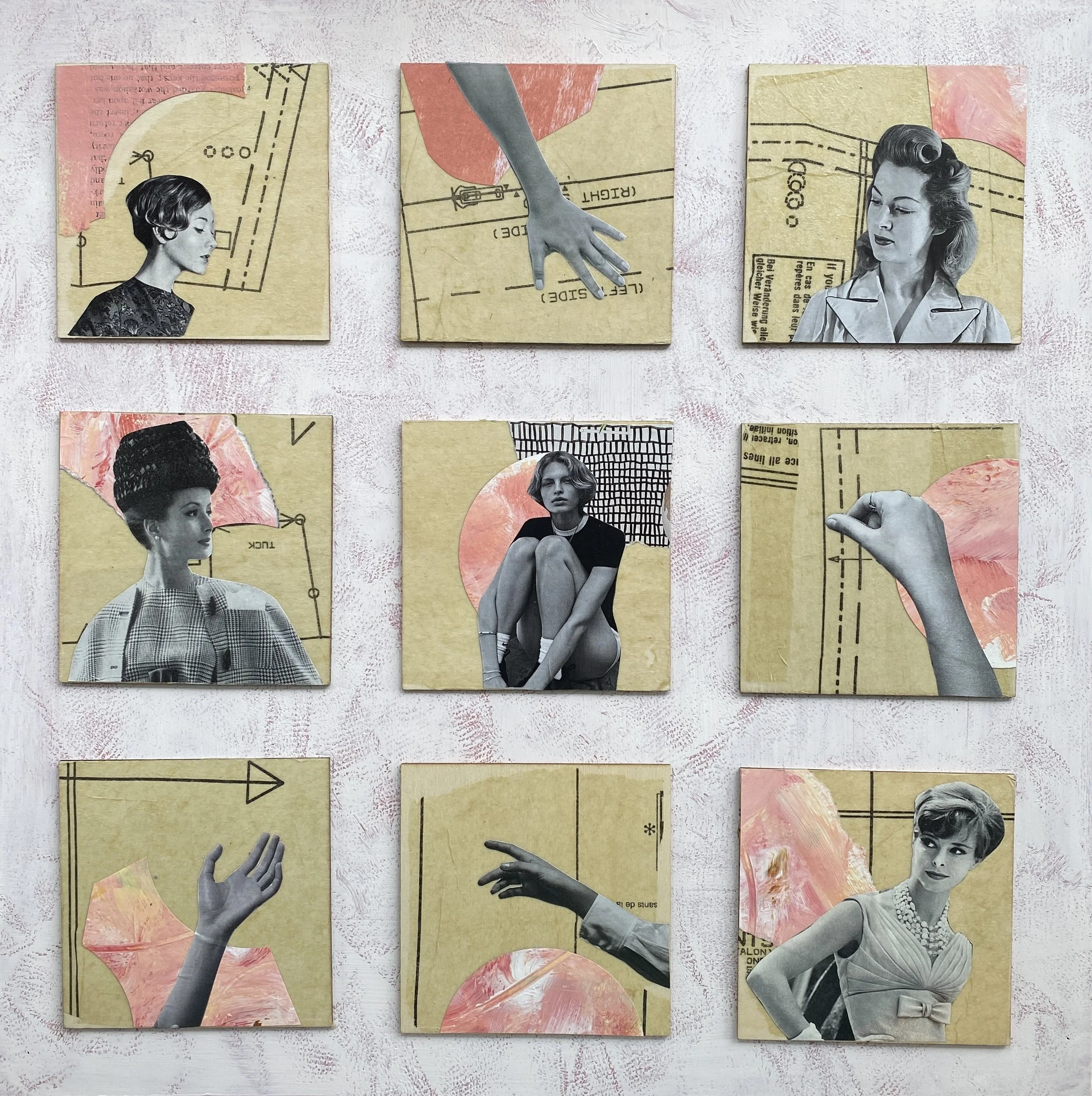 Collage on board in grid format using black and white images of women