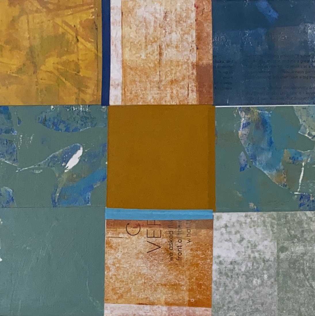 Abstract art piece in grid based design in yellows and greens