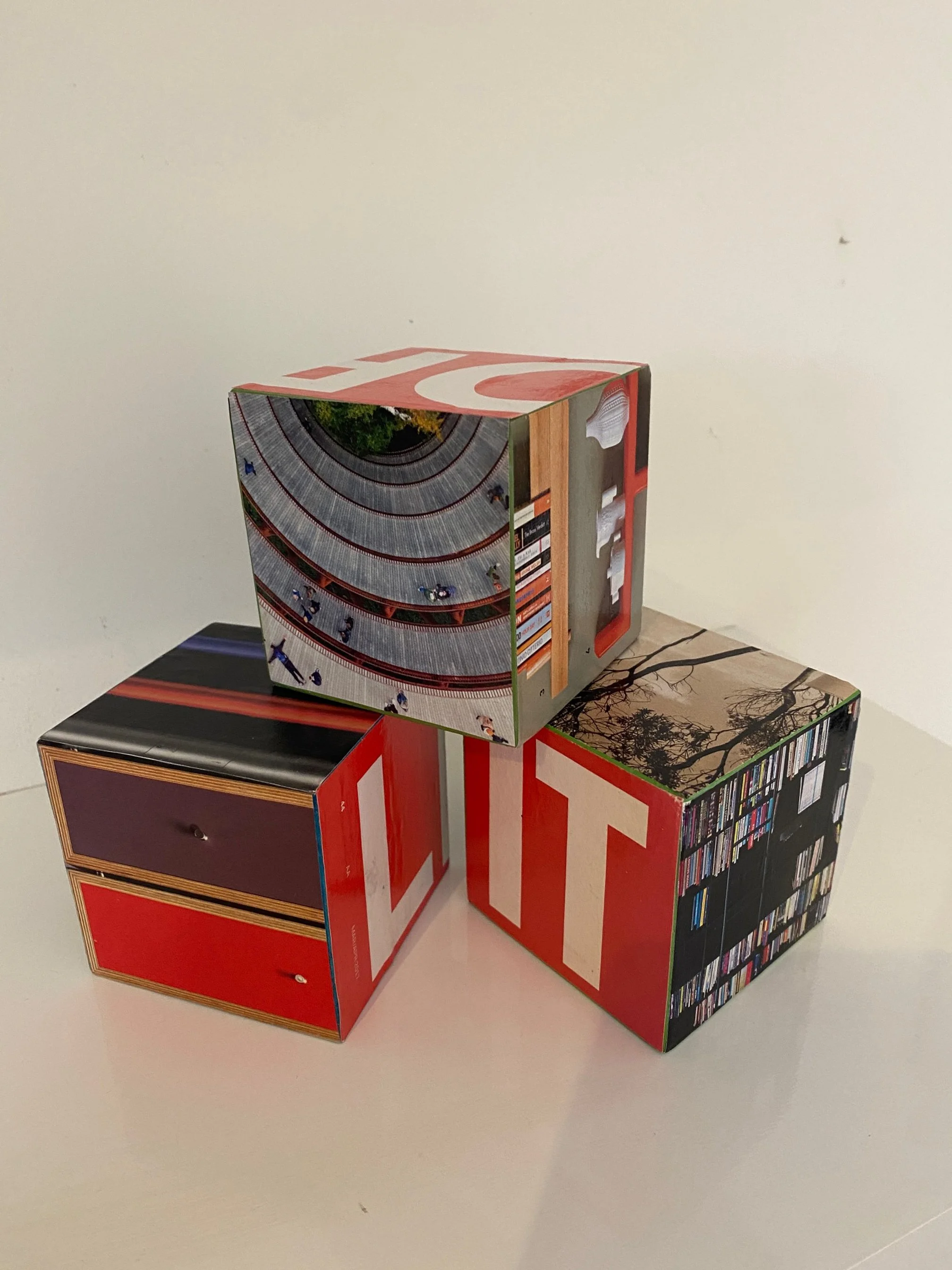 Collage Cube on wooden block 7cm square - set of three 