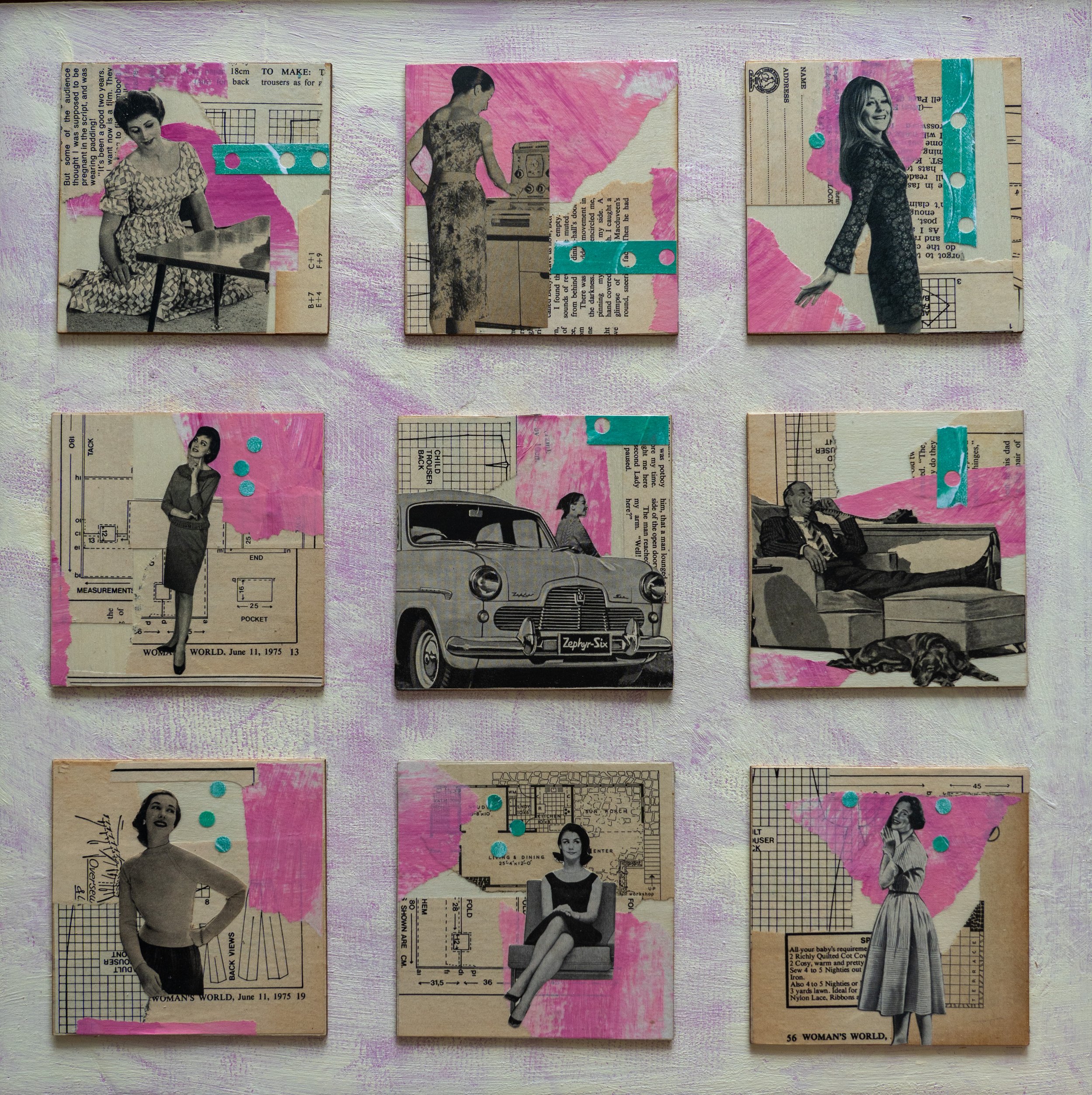 Collage on board using retro magazine images of women