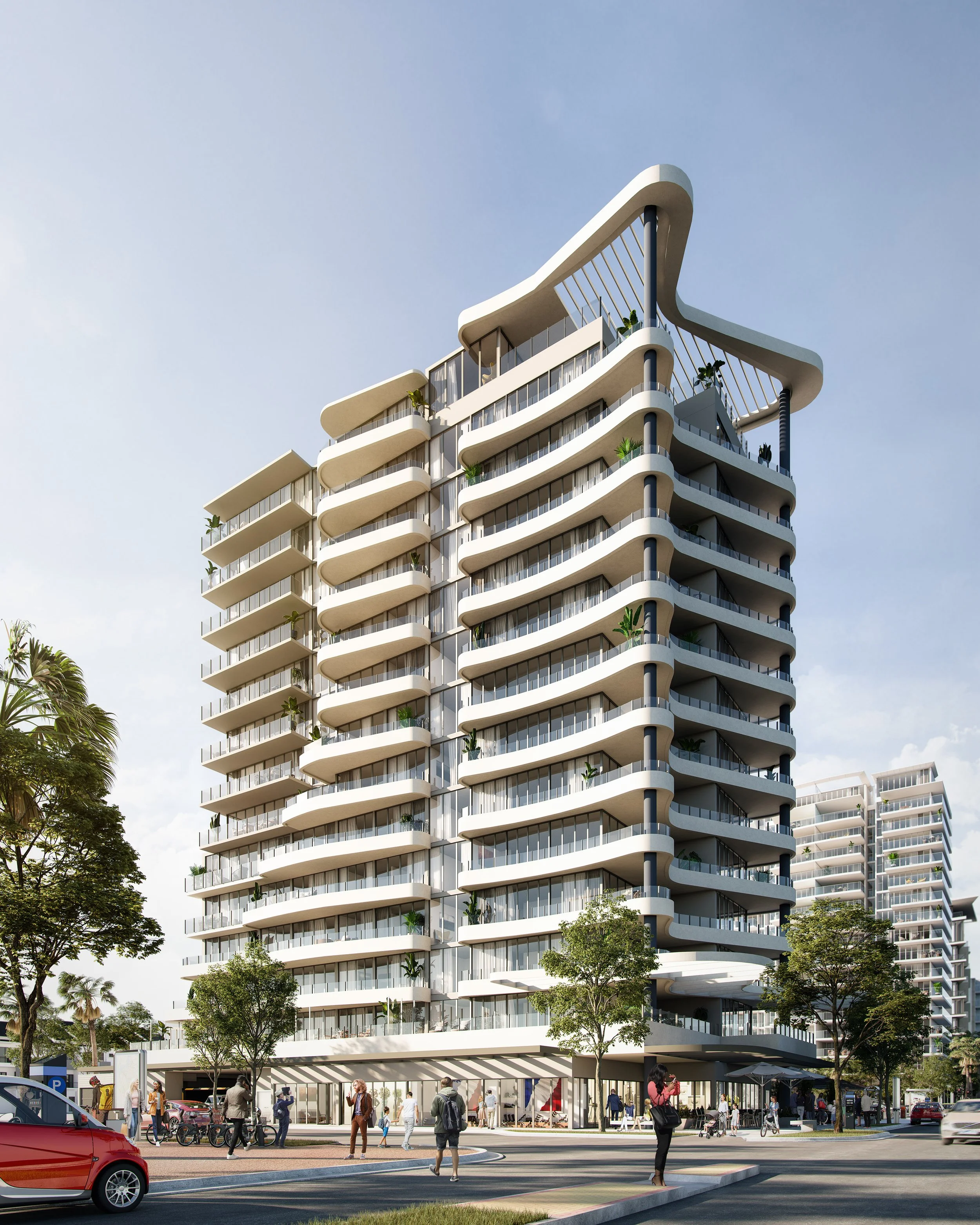 Modern multi-story residential building with distinct curved balconies and glass facade, surrounded by trees and people walking on the street.