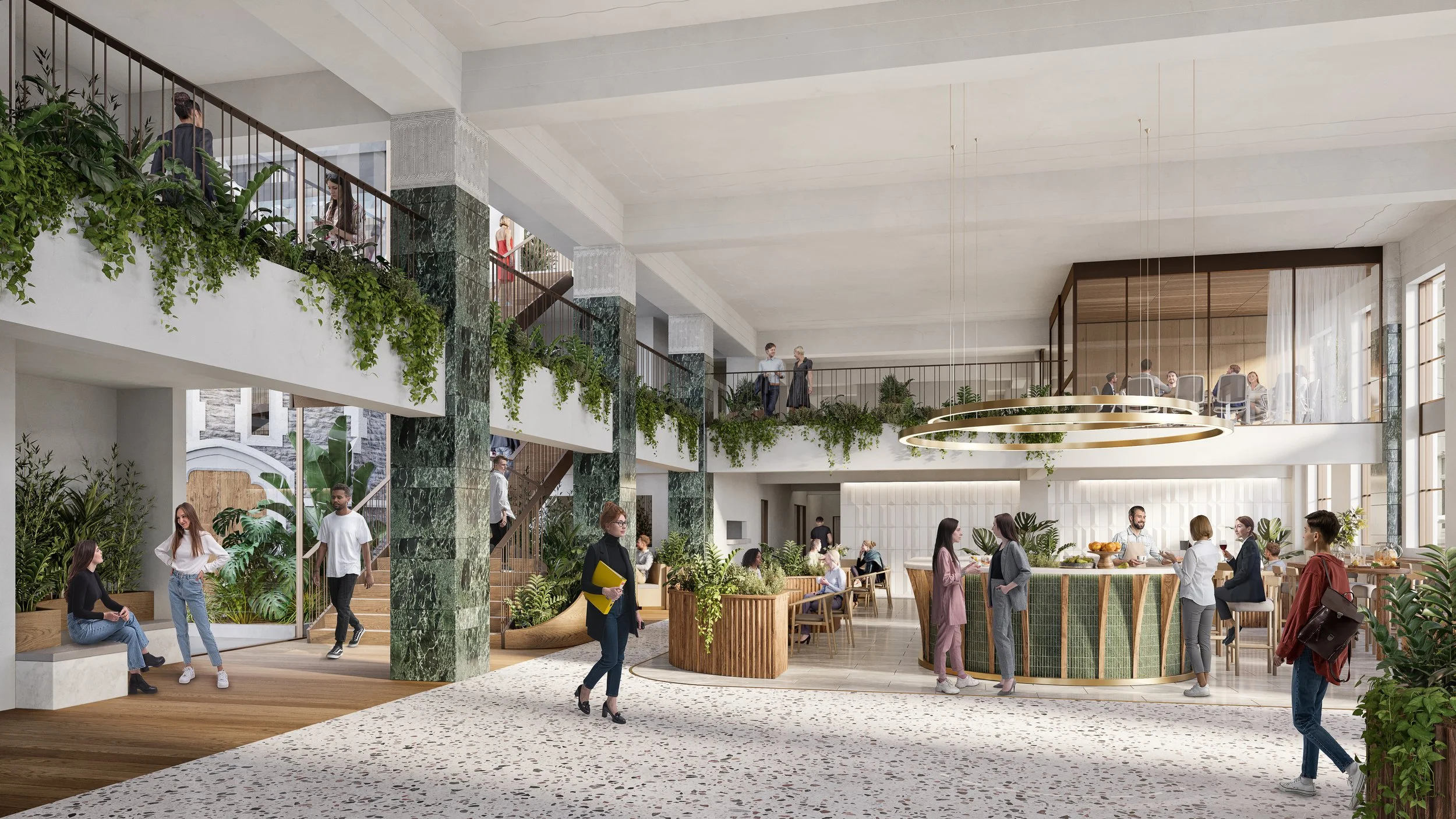 Modern indoor lobby or common area with people socializing, sitting, and walking. Features include a circular bar, green plants, a staircase, and balcony areas with glass and wood accents.