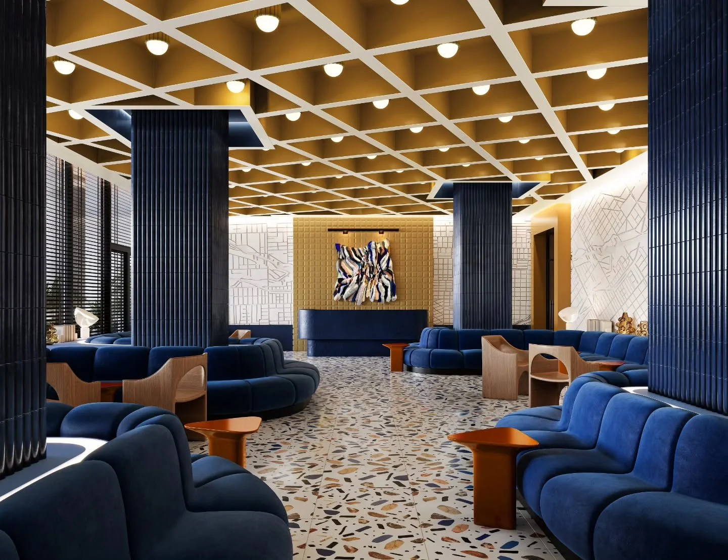 Midtown 7 &mdash; a refined lobby space envisioned as a luxurious lounge with a subtle retro-futuristic character.
⁠
A composition of terrazzo flooring, deep blue velvet seating, and a warm yellow ceiling structure creates an interior that merges bol