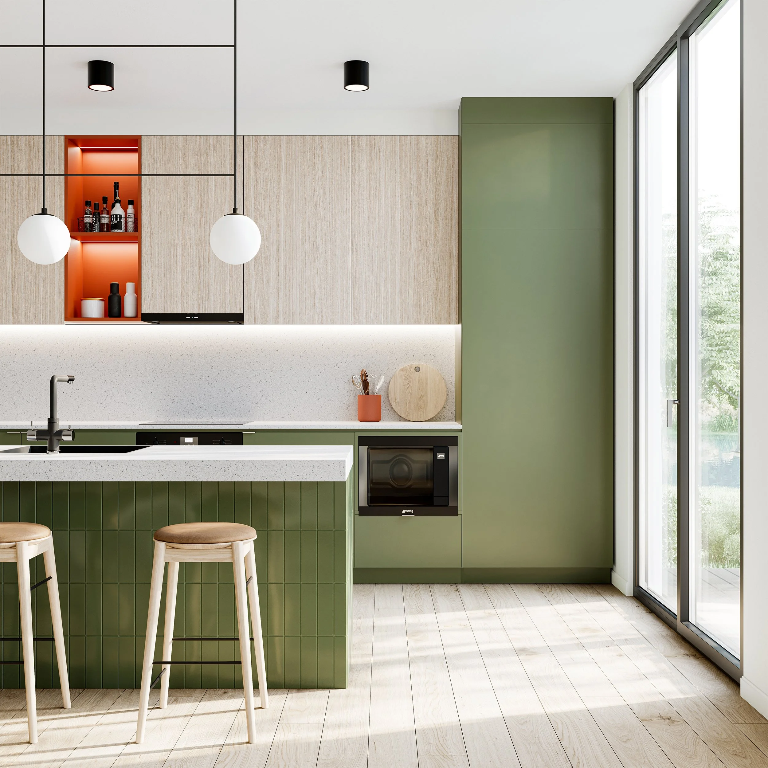 Modern kitchen with green cabinetry, white countertop, bar stools, built-in microwave, and large glass door leading outside.