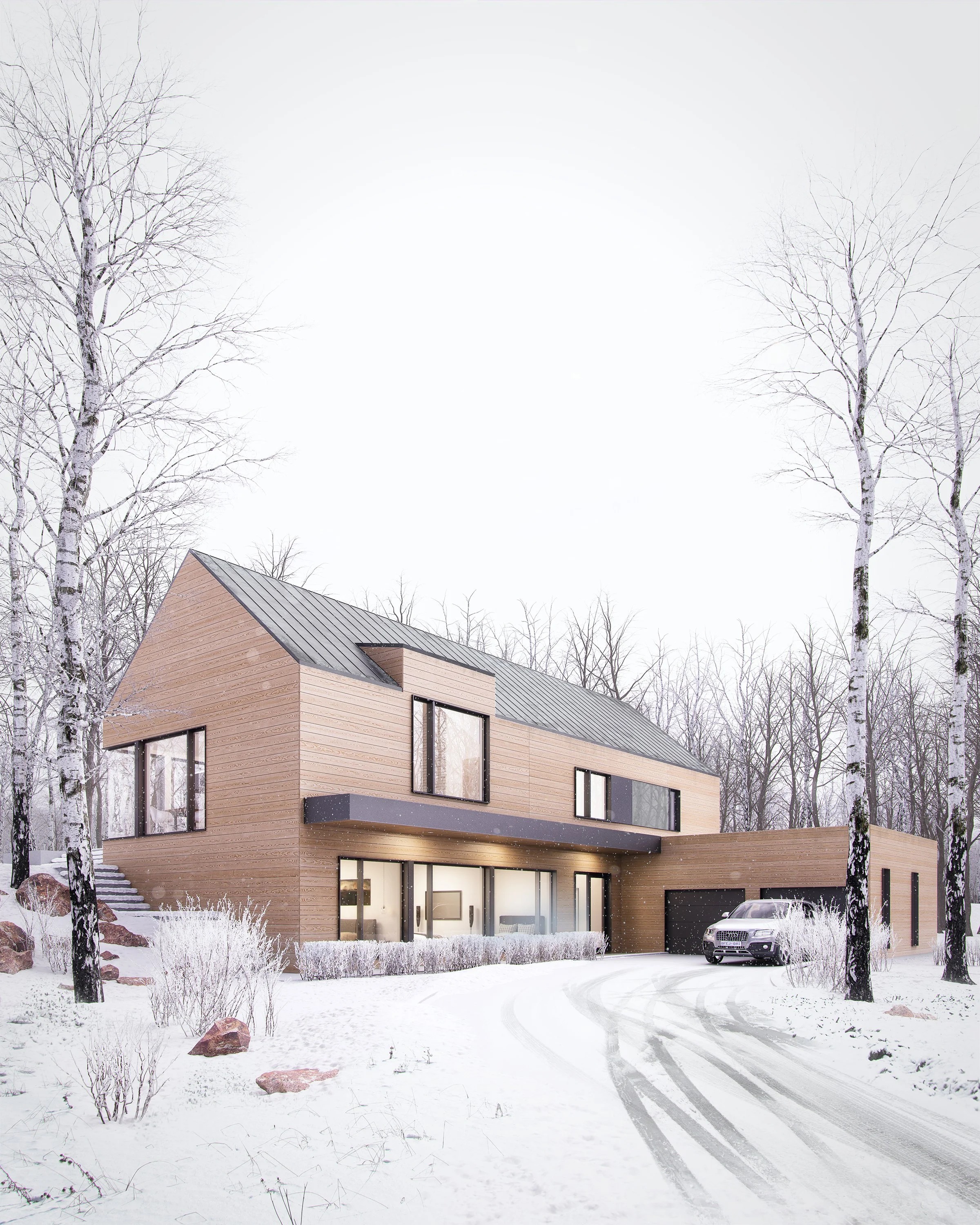 Modern wooden house in a snowy landscape with leafless trees, a driveway with tire tracks, and an SUV parked outside.