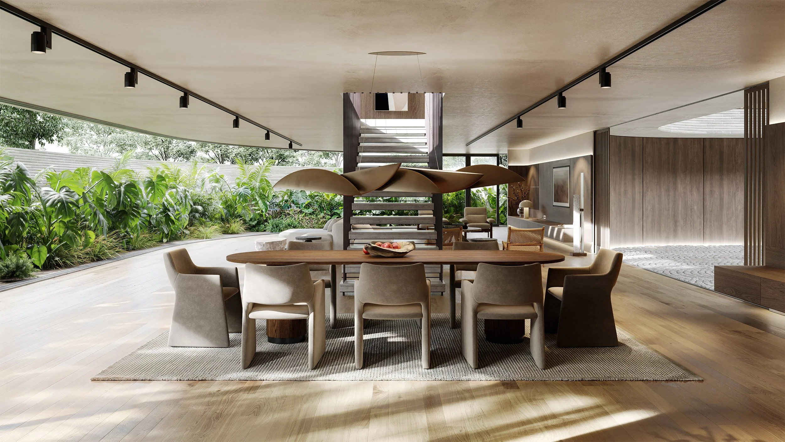 Modern open-concept living and dining area with large windows, neutral-toned furniture, and a view of lush greenery outside.