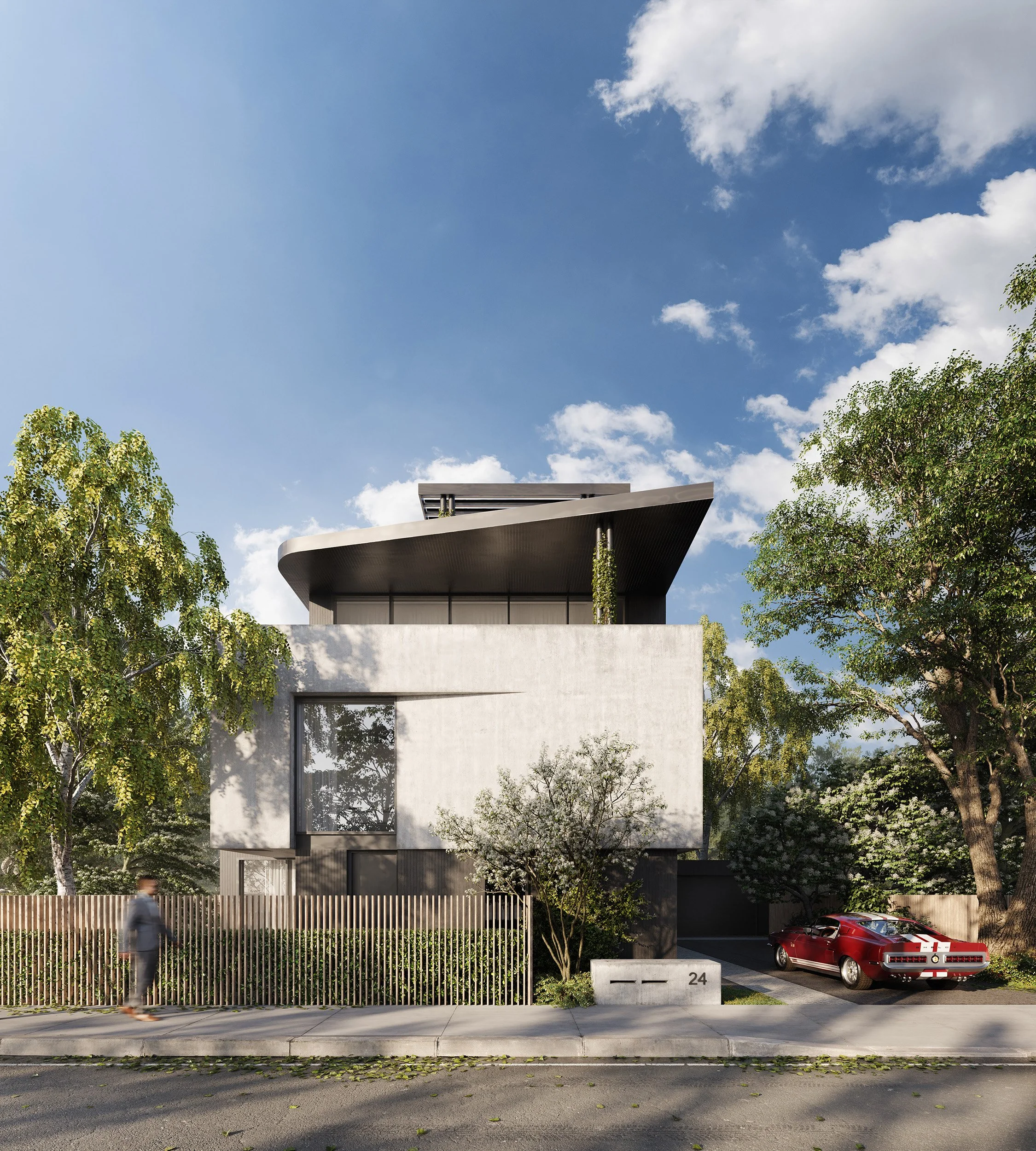 Modern house with geometric design, flat roof, large window, surrounded by trees, black fence, sidewalk, person walking, red sports car in driveway, house number 24