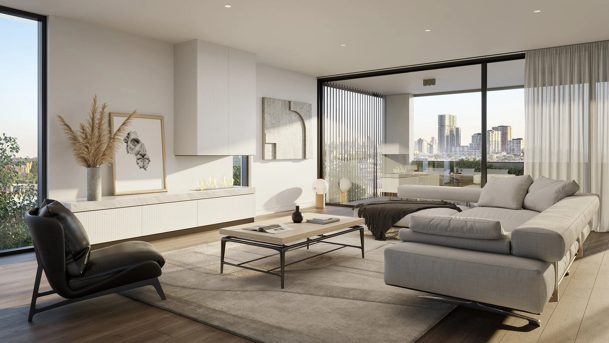 Modern living room with large windows, white sofa, black armchair, wooden coffee table, artwork, and city view.