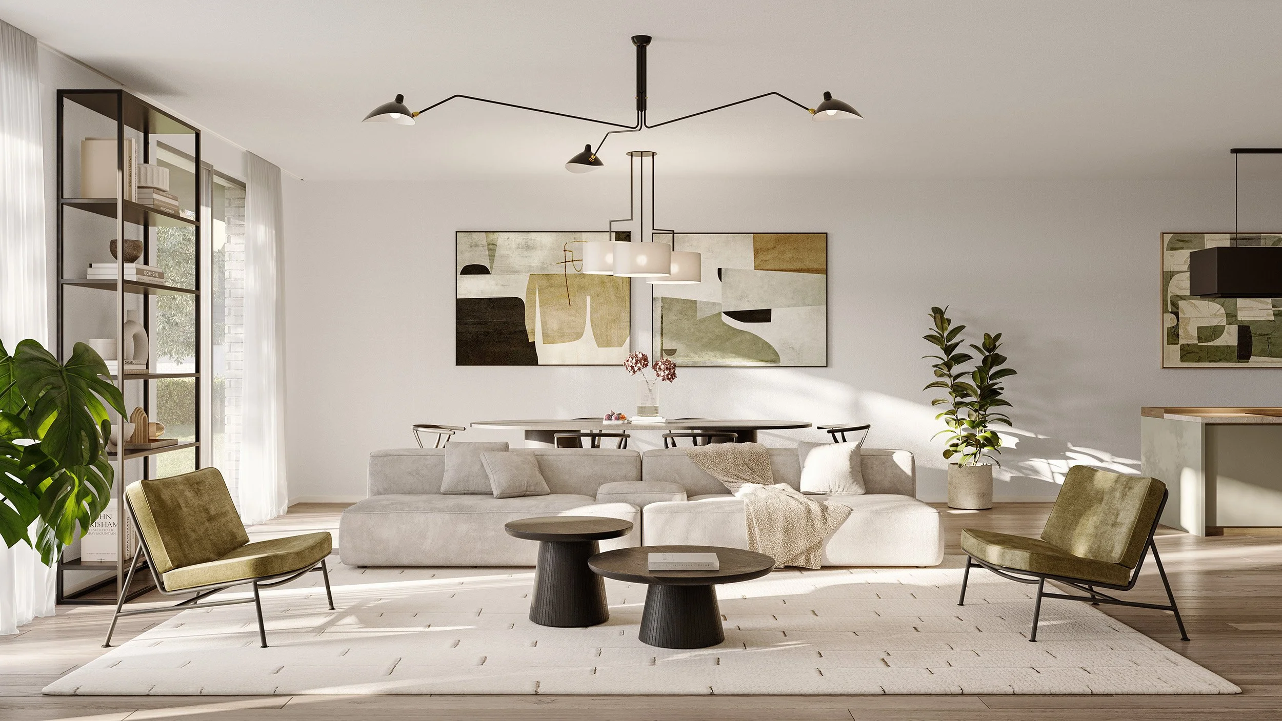 Modern living room with white sofa, green chairs, black round coffee tables, abstract artwork, potted plant, and shelving unit, illuminated by natural sunlight.