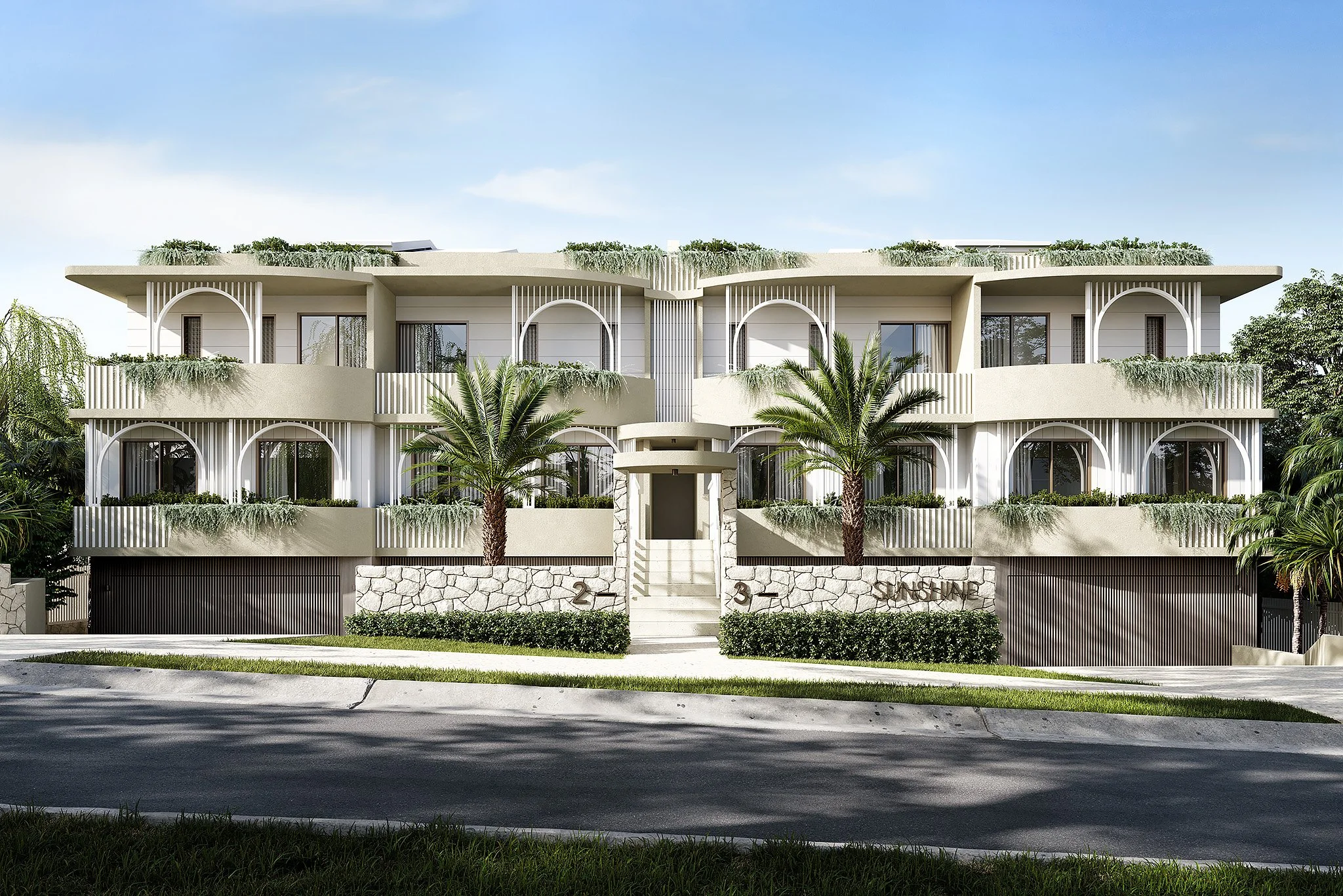 Modern multi-story residential building with white walls, arched windows, and balconies surrounded by palm trees and greenery.