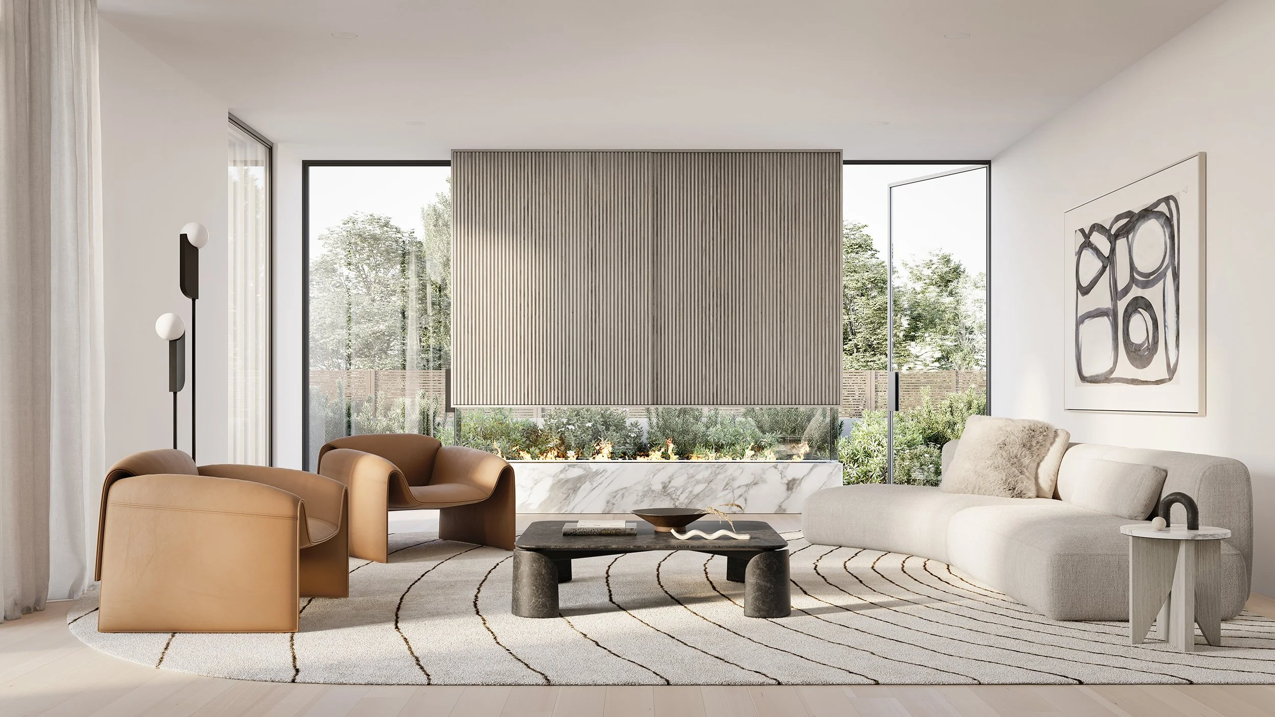 Modern living room with beige leather armchair, a white curved sofa, black coffee table, abstract wall art, large windows, and neutral-toned decor.