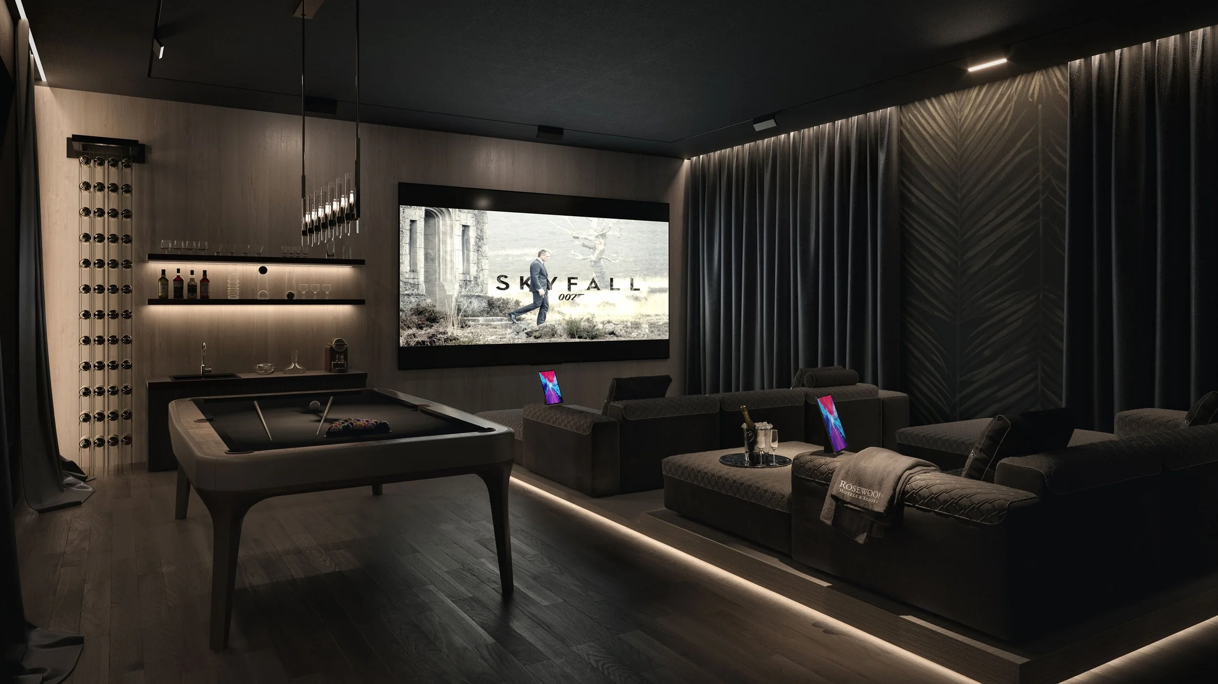 Modern home theater room with large screen displaying Skyfall, comfortable seating, pool table, and a bar area with bottles and glassware.