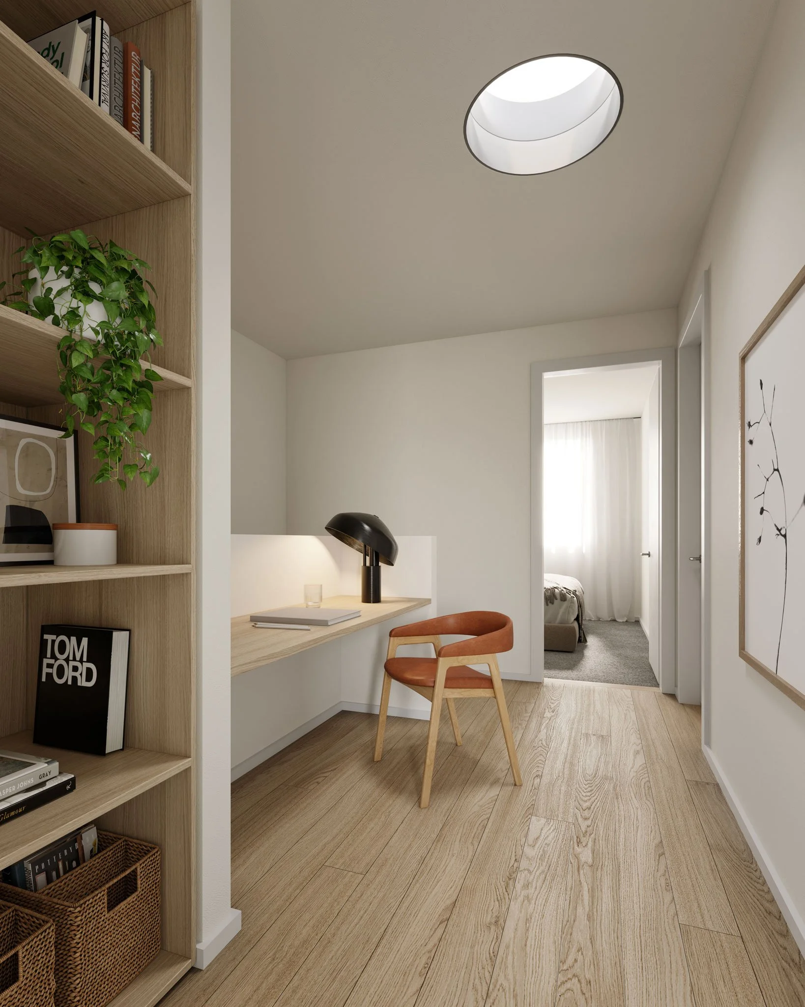 Minimalist home interior with a wooden bookshelf, a small desk with a black lamp and chair, and a view into a bedroom with a bed and white curtains.