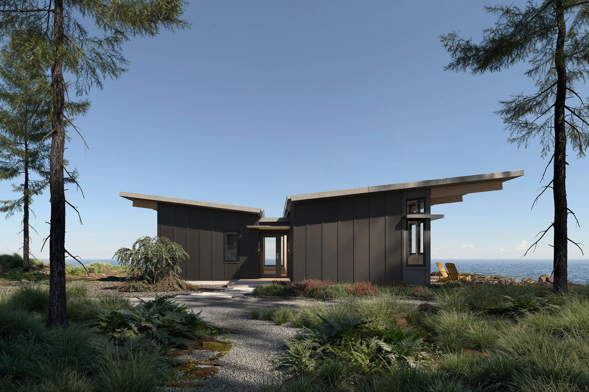 Stillwater Dwellings architectural visualization, prefab home by the lake