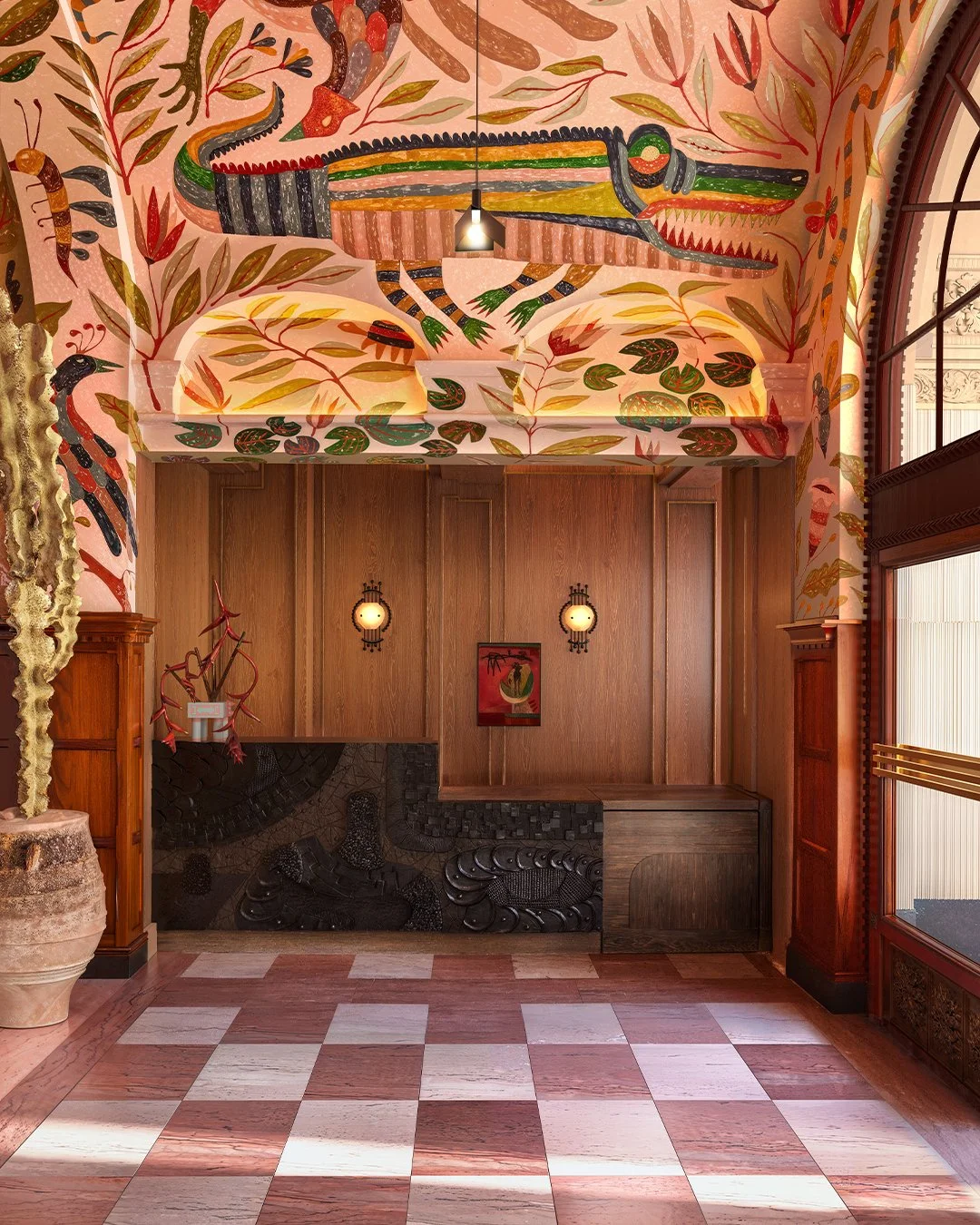 Interior of a room with a colorful mural of a crocodile on the ceiling and wall, decorated with leaves and animals, along with a wooden wall, two wall sconces, and a checkered pink and white floor.