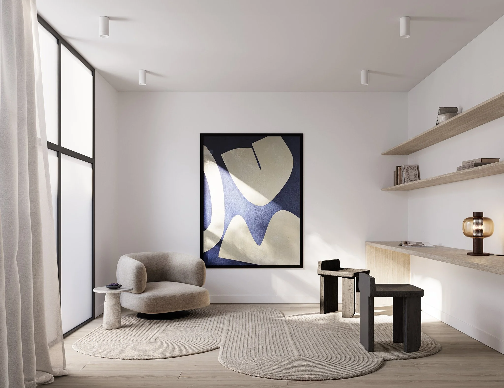 Modern minimalist living room with a curved beige armchair, abstract wall art, two black and gray stools, floating wooden shelves with books and decor, a table lamp, white walls, beige curtains, and a large window.