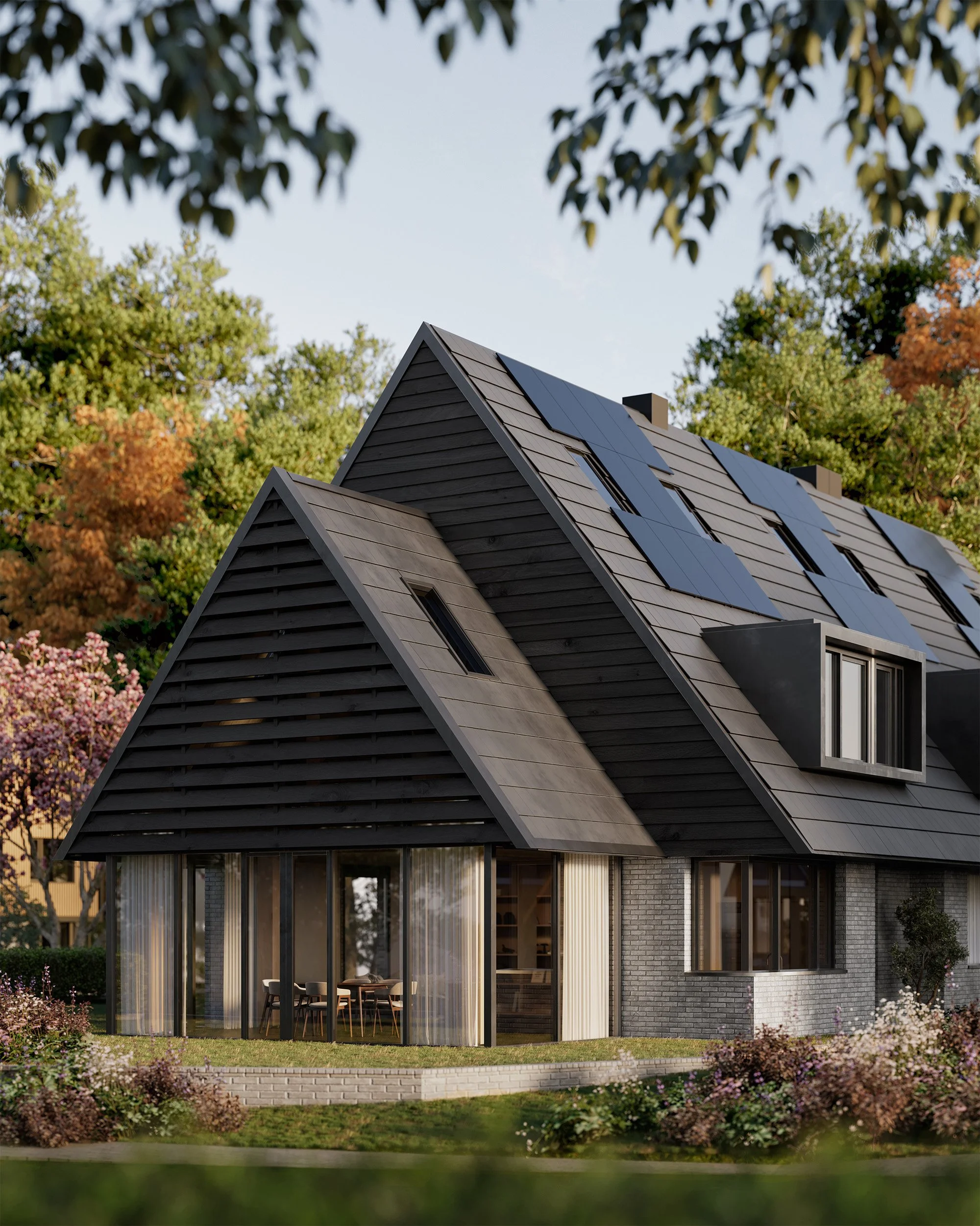 Modern house with a sloped roof covered in solar panels, large glass windows, surrounded by trees and landscaped garden.