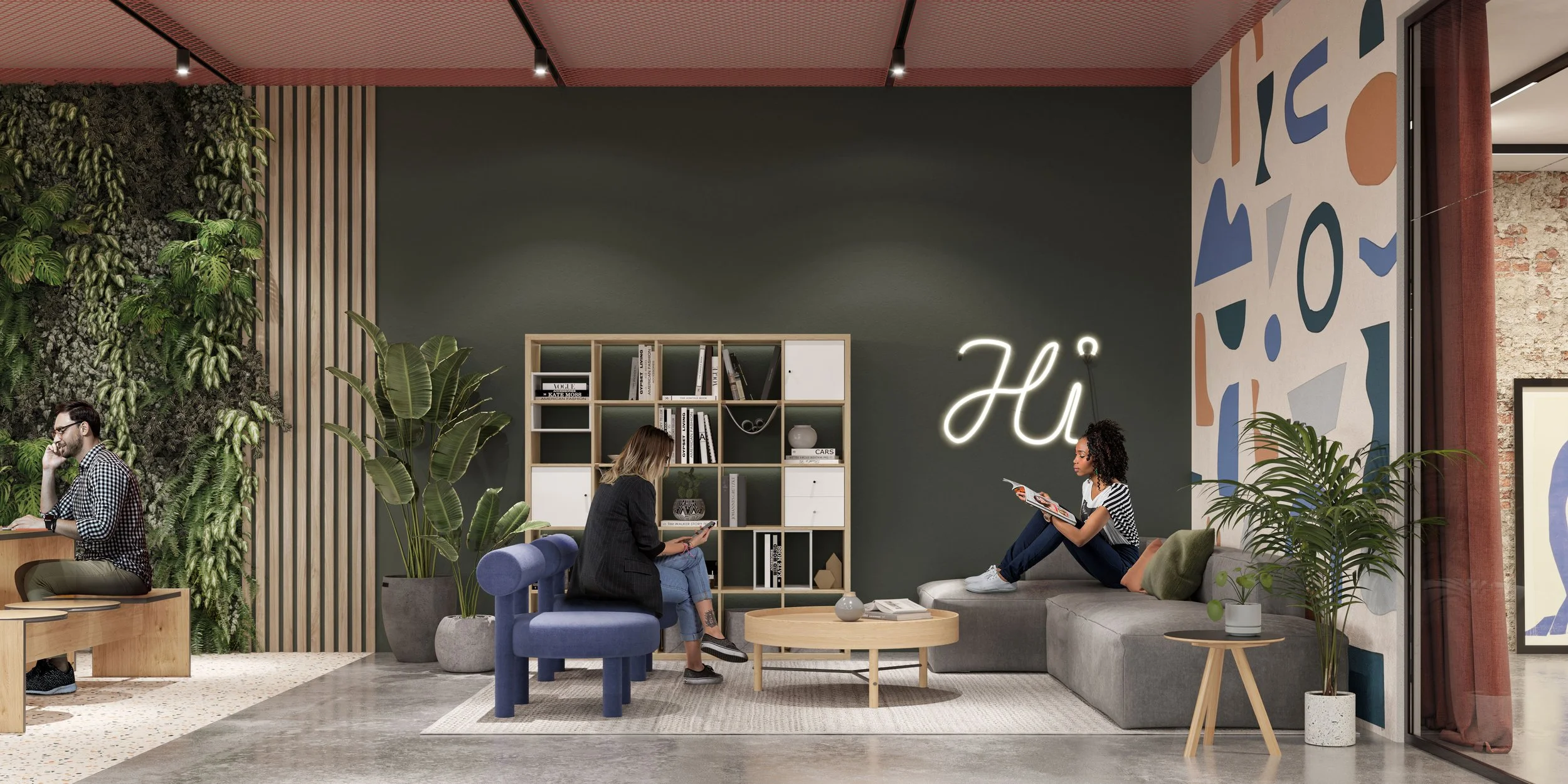 Modern office lounge with green walls, wooden accents, indoor plants, bookshelf, neon 'Hi' sign, and three people sitting and reading.