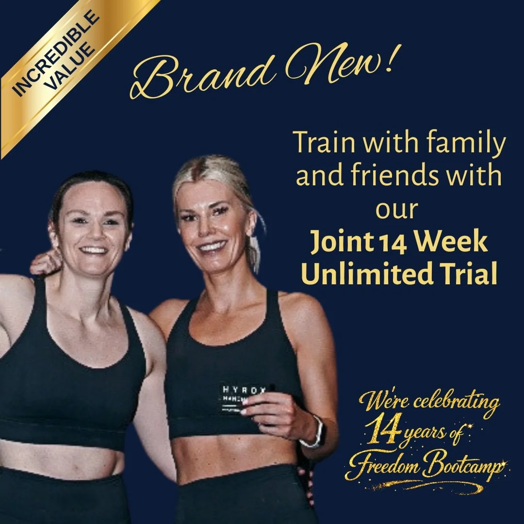 Continuing our 14 years of Freedom Bootcamp celebrations, we have created a BRAND NEW JOINT UNLIMITED TRIAL membership.

You and a friend, partner or family member can have access to unlimited sessions/classes as well as full access to our open gym, 