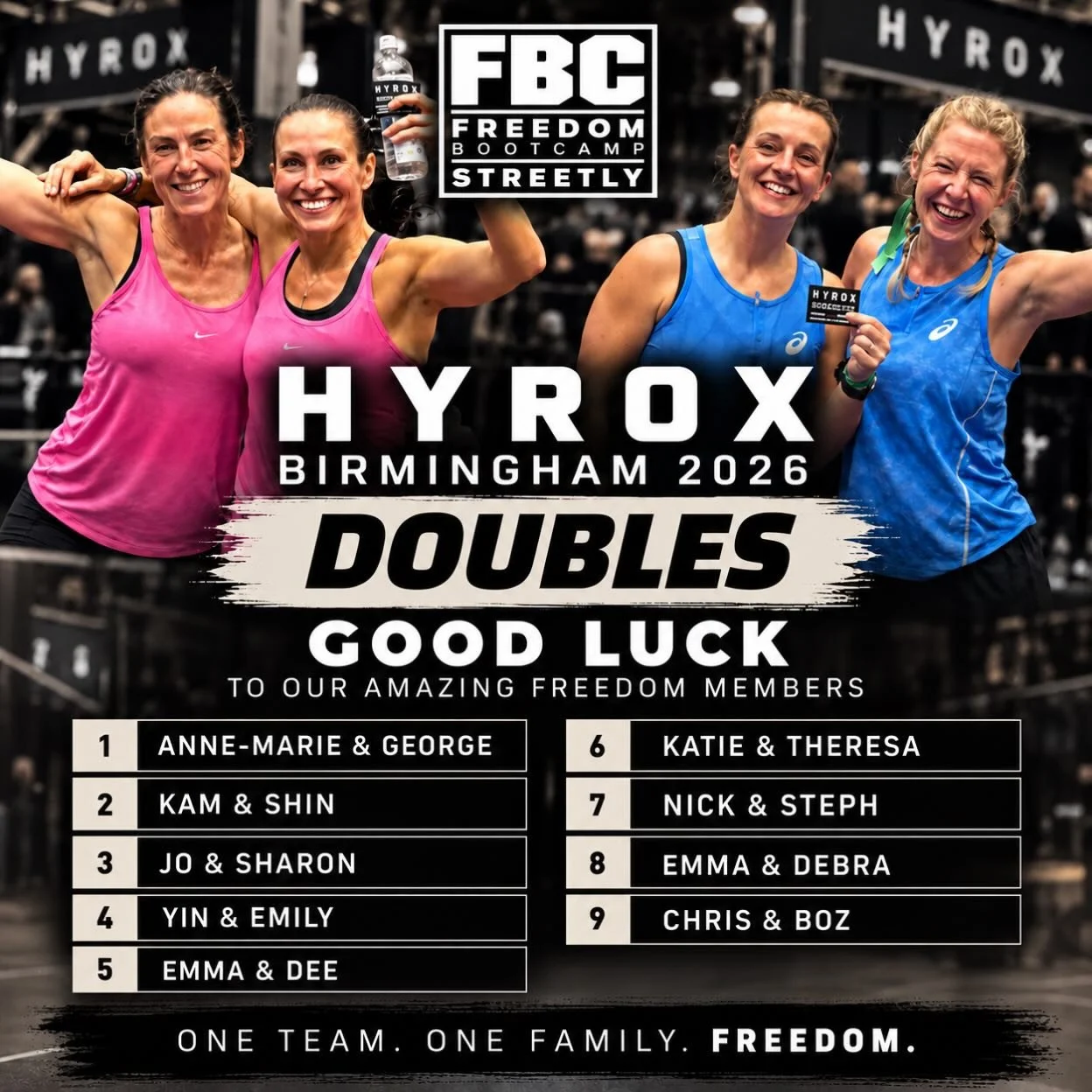 Our Doubles start tomorrow with Annmarie and Georgina followed by a very busy Wednesday. Good Luck❤️❤️❤️ #HYROX #HYROXBirmingham #HYROXUK #HYROXTraining #freedombootcamp