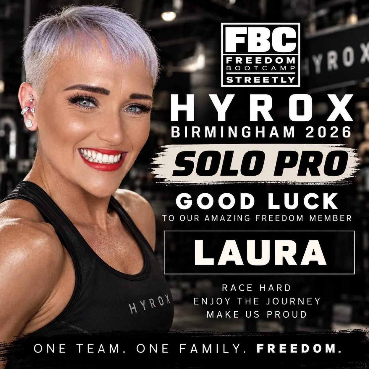 Good Luck to our pocket rocket Laura who is taking on the HYROX Pro race tomorrow. We love you Laura and are with you every step of the way❤️❤️
