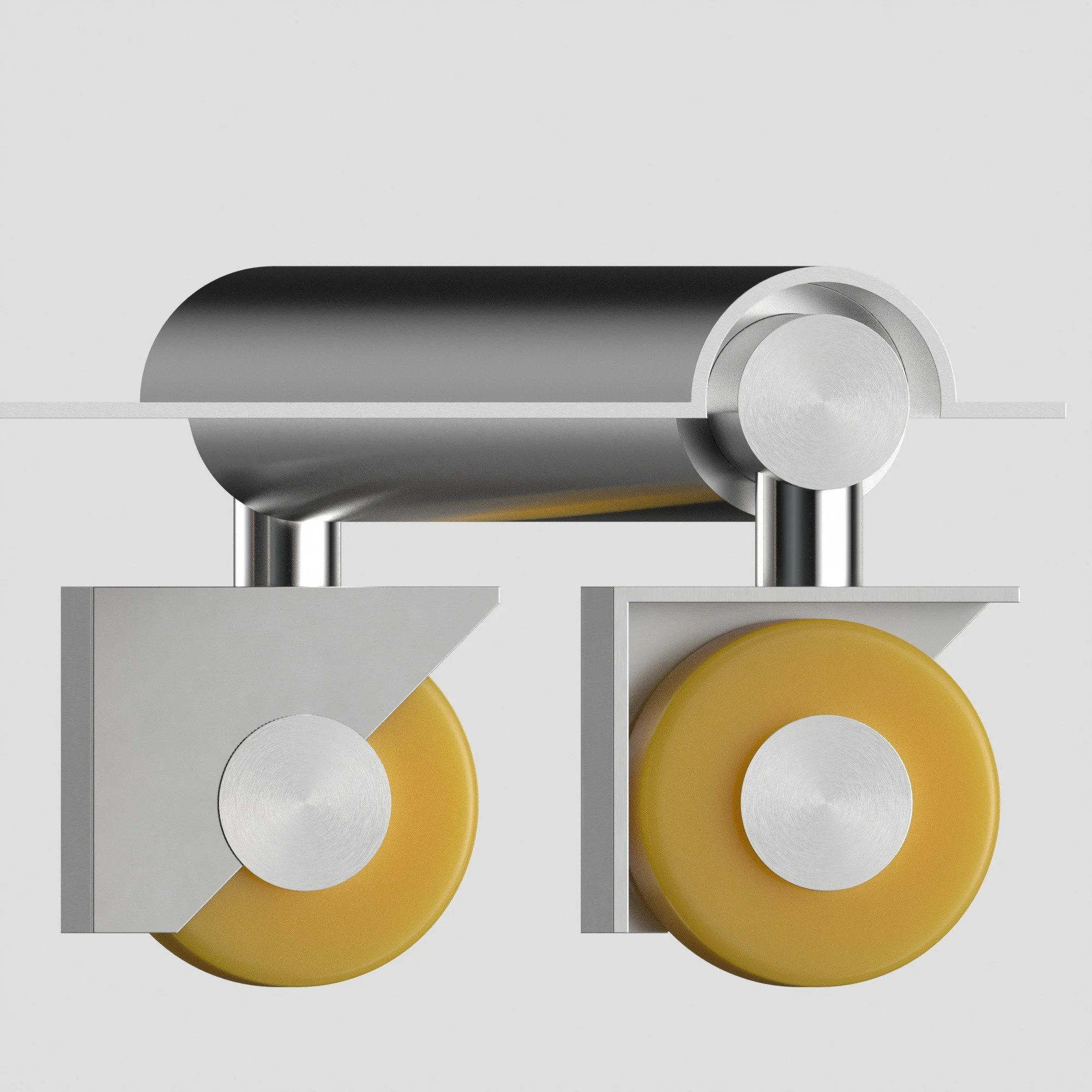Minimalist metal roller with yellow wheels and geometric design on a light background.