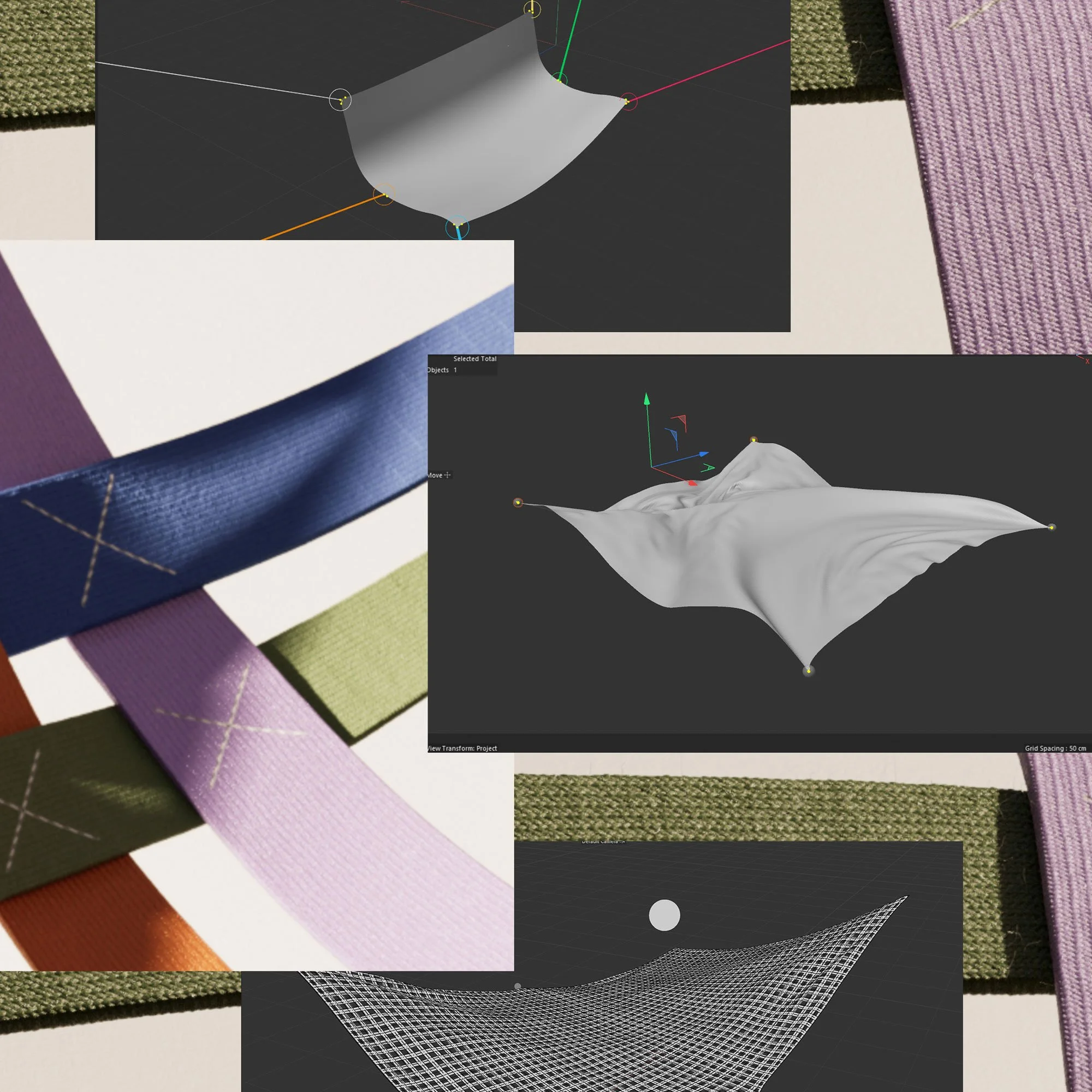 Collage of computer-generated 3D models and photographs of fabric straps in various colors and textures.