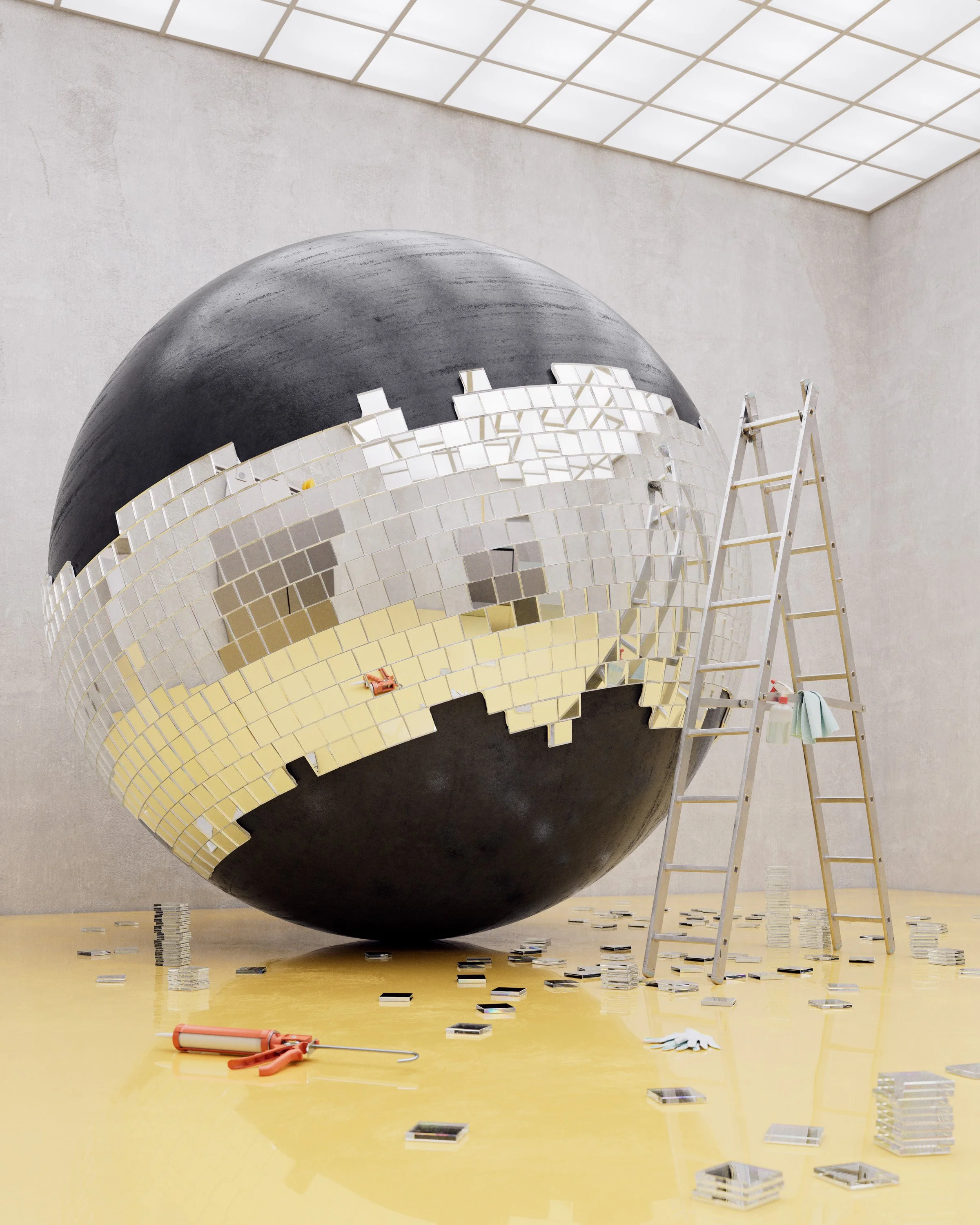 A large black sphere with mosaic mirror tiles being applied to its surface, inside a room with gray walls and a ceiling with a grid pattern. There is a ladder leaning against the sphere, and scattered tools and mosaic tiles on the yellow floor.