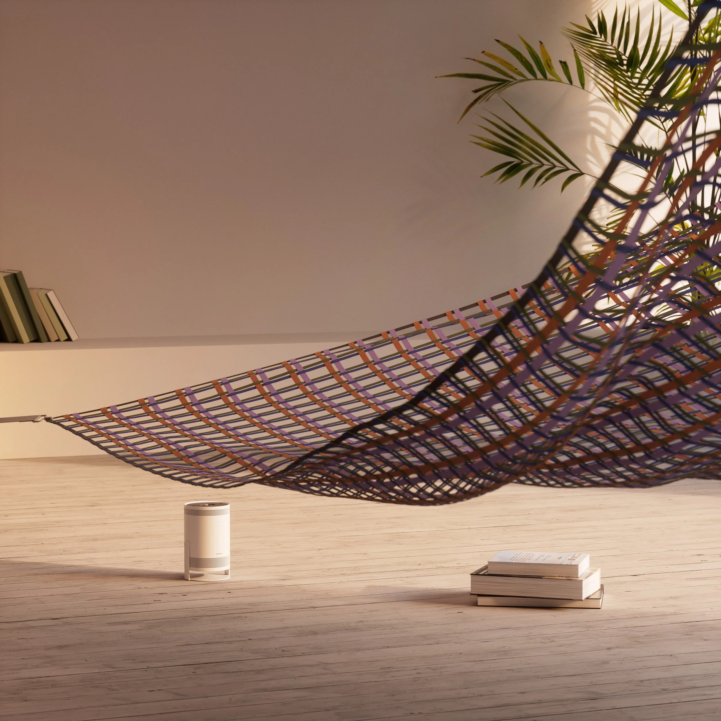 Suspended woven textile installation forming a flowing, hammock-like surface above a minimal interior with books and soft natural light, emphasizing materiality and contemporary spatial design.