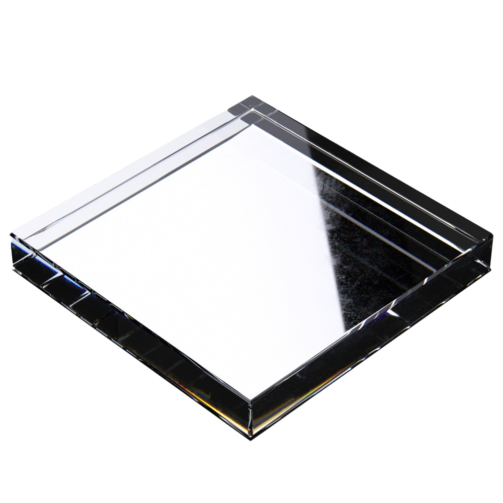 A square glass mirror with beveled edges placed on a reflective surface.