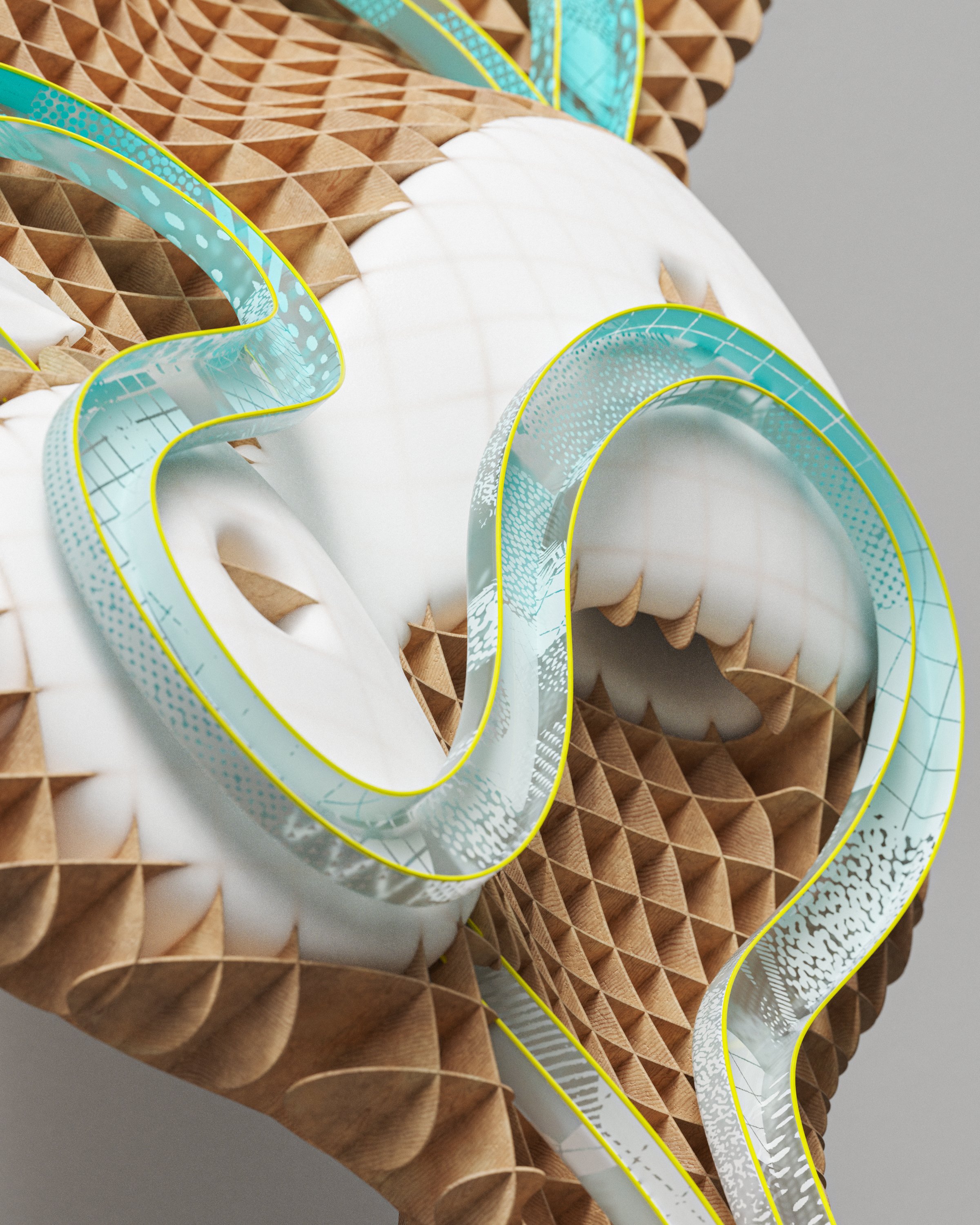 Close-up of a decorative balloon with a white and blue design, featuring a textured heart pattern, resting on a honeycomb paper background.