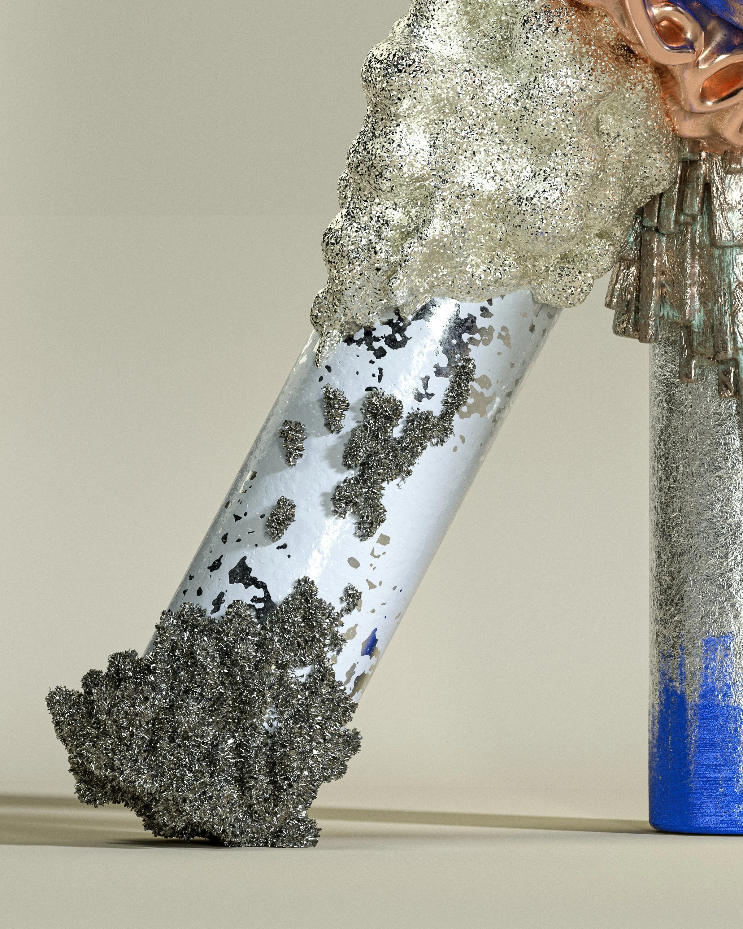 Close-up of a metallic, textured sculpture with silver, gold, and copper colors, featuring a mix of smooth, rough, and glittery surfaces.