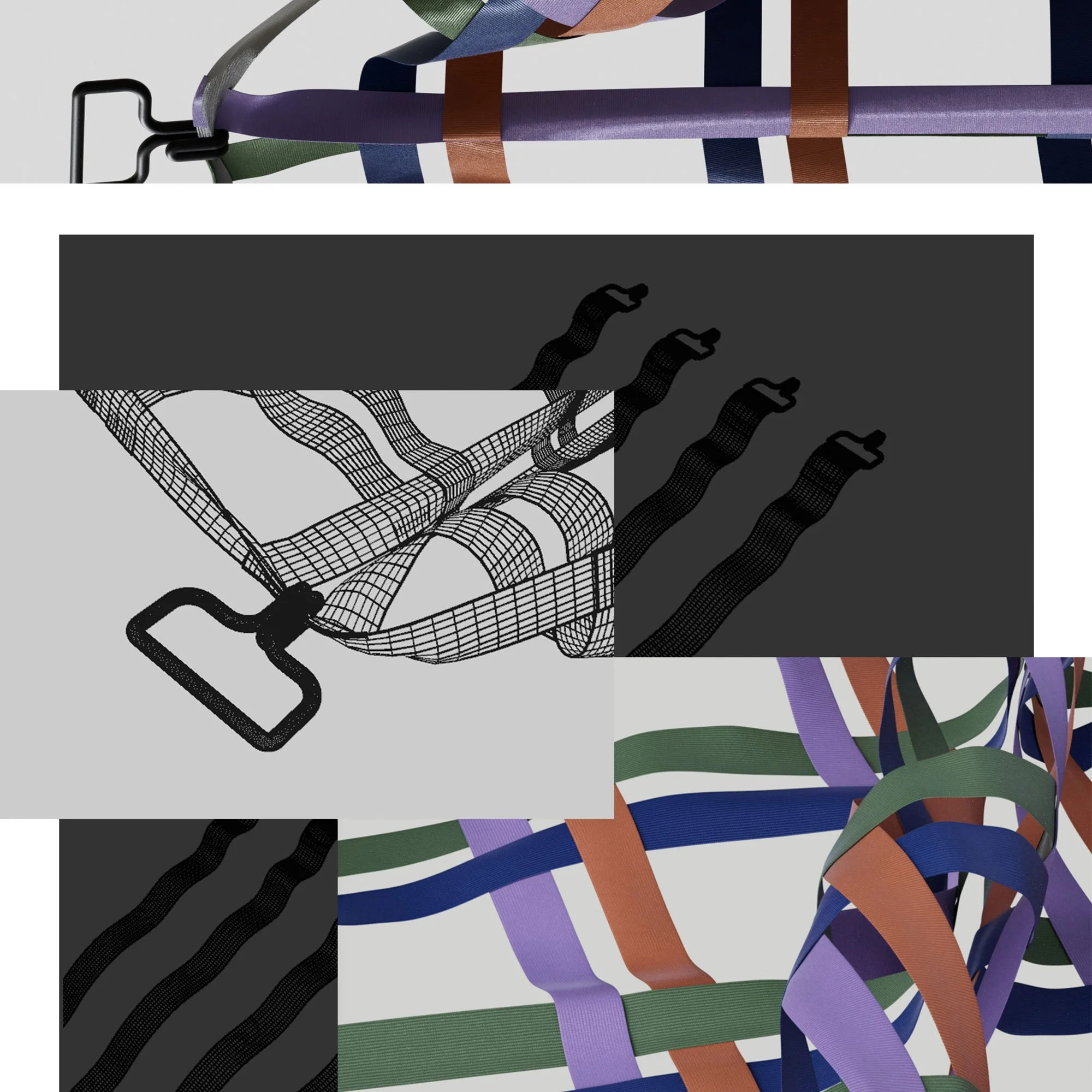 Colorful woven fabric straps intertwined, with some showing a black metal buckle and others a wireframe design, creating a pattern of overlapping and twisting colorful bands.
