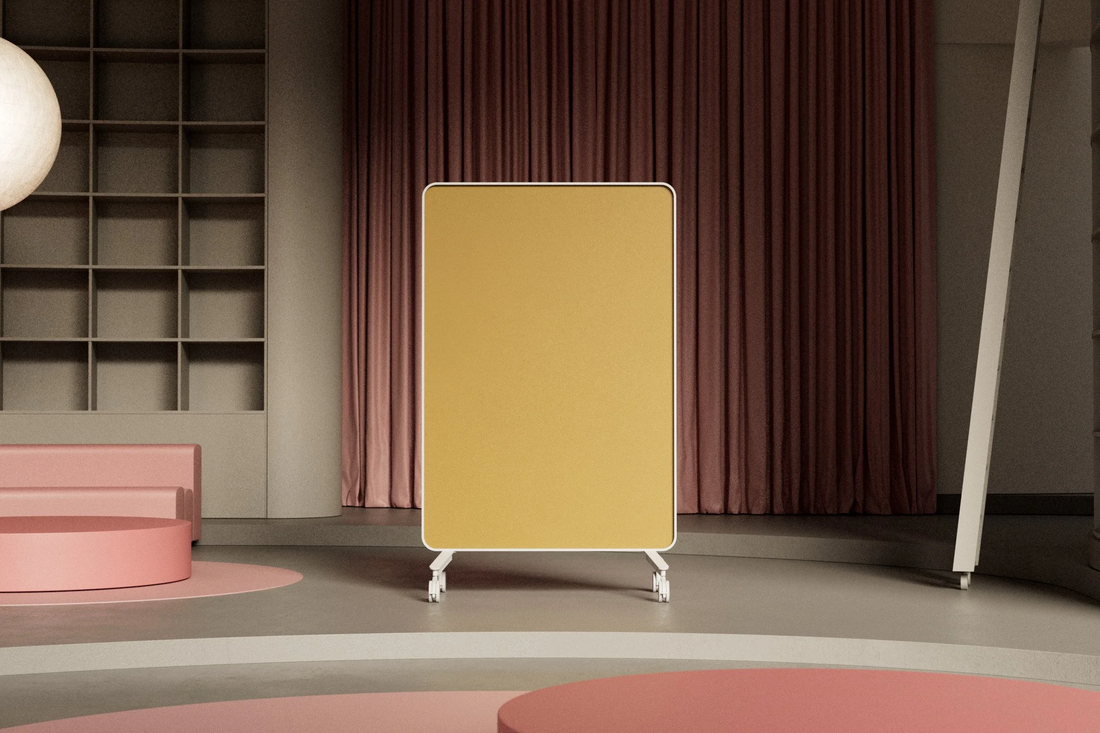 Empty yellow standing board with white frame on wheels in a modern interior space with pink curtain, pink seating, and gray flooring.
