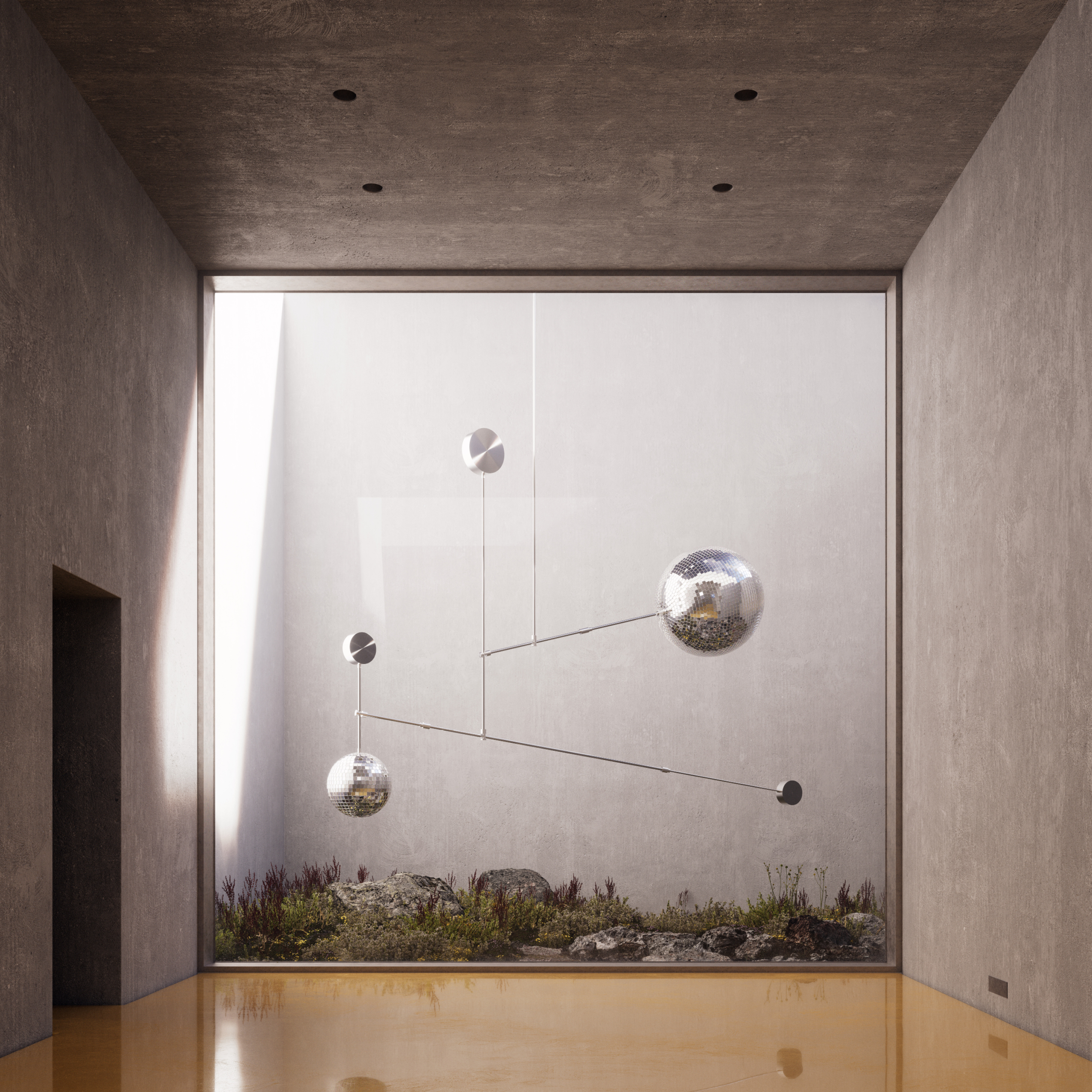 Modern art installation with metallic disco balls suspended by rods in a minimalist interior space with a window and indoor plants.