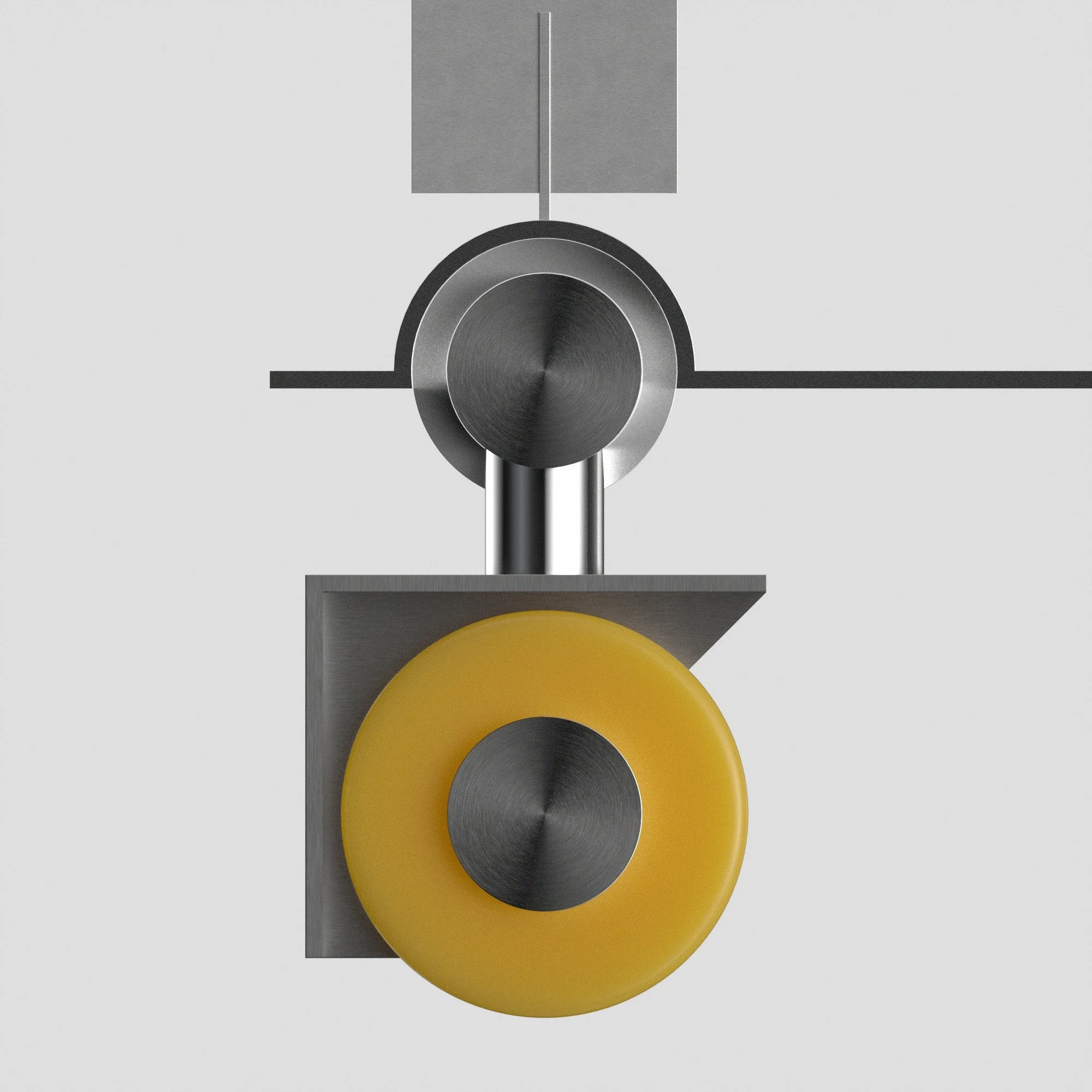 Minimalist modern wall art with metallic circular motifs and a yellow accent.