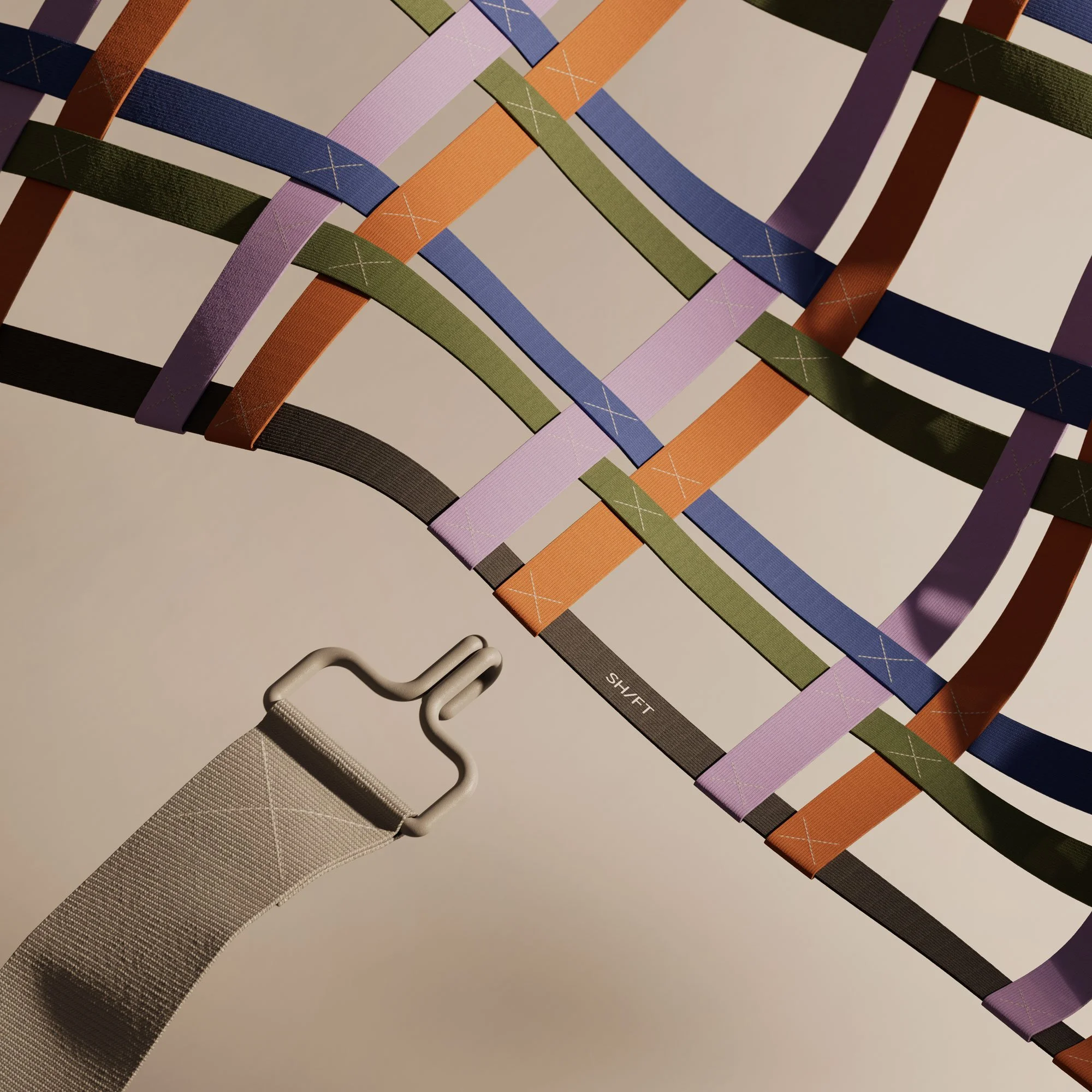 The image showcases a vibrant, geometric arrangement of colorful straps with a mix of solids and patterns, intersecting against a neutral background, complemented by a metallic clip at the bottom left corner.