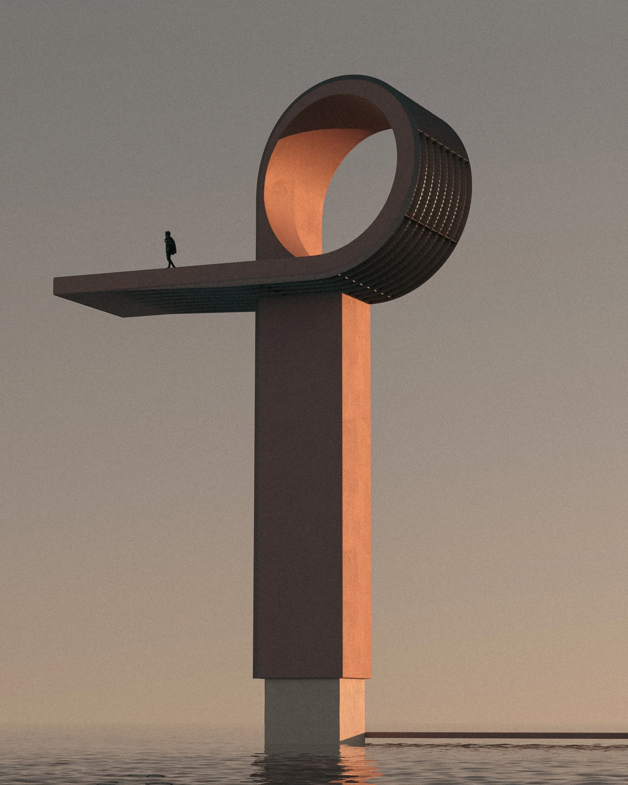 A modern architectural sculpture resembling a large letter 'Q' with a circular top, standing on a tall pillar over water, with a person walking on the horizontal platform.