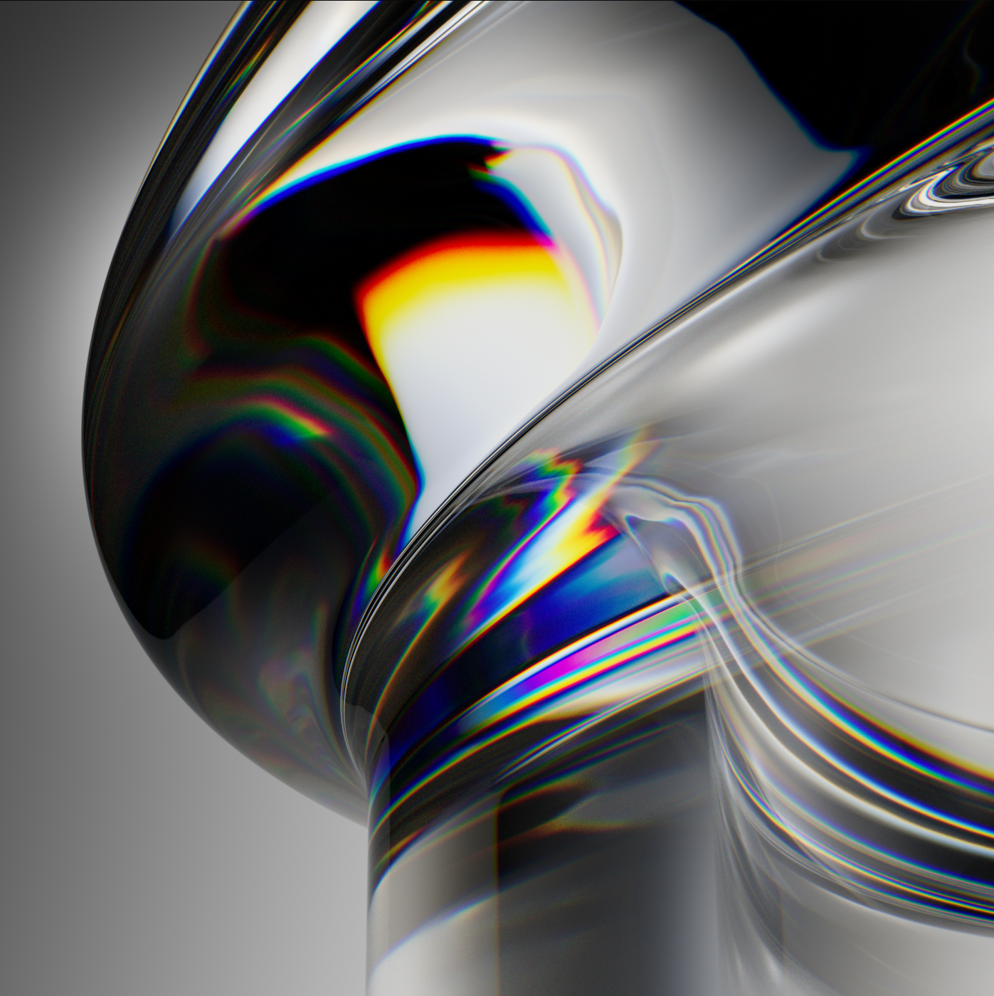 Abstract digital artwork with swirling black, white, and rainbow-colored patterns.