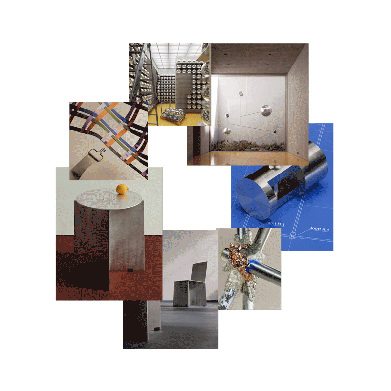 Collage of images showing modern art sculptures, design blueprints, and construction tools.