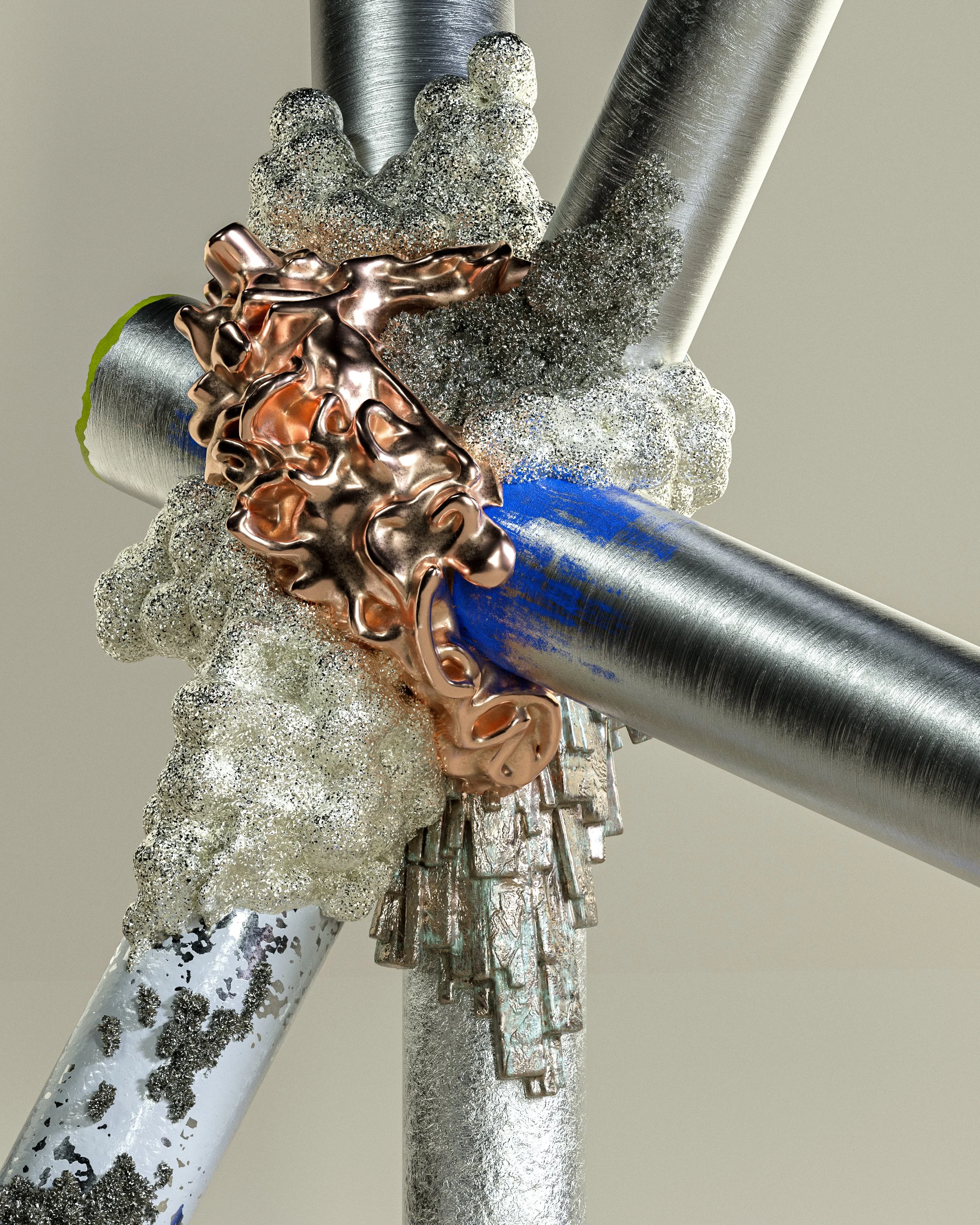 Close-up of an abstract sculpture with metallic and textured elements including pipes, melted metal, and crystalline forms.