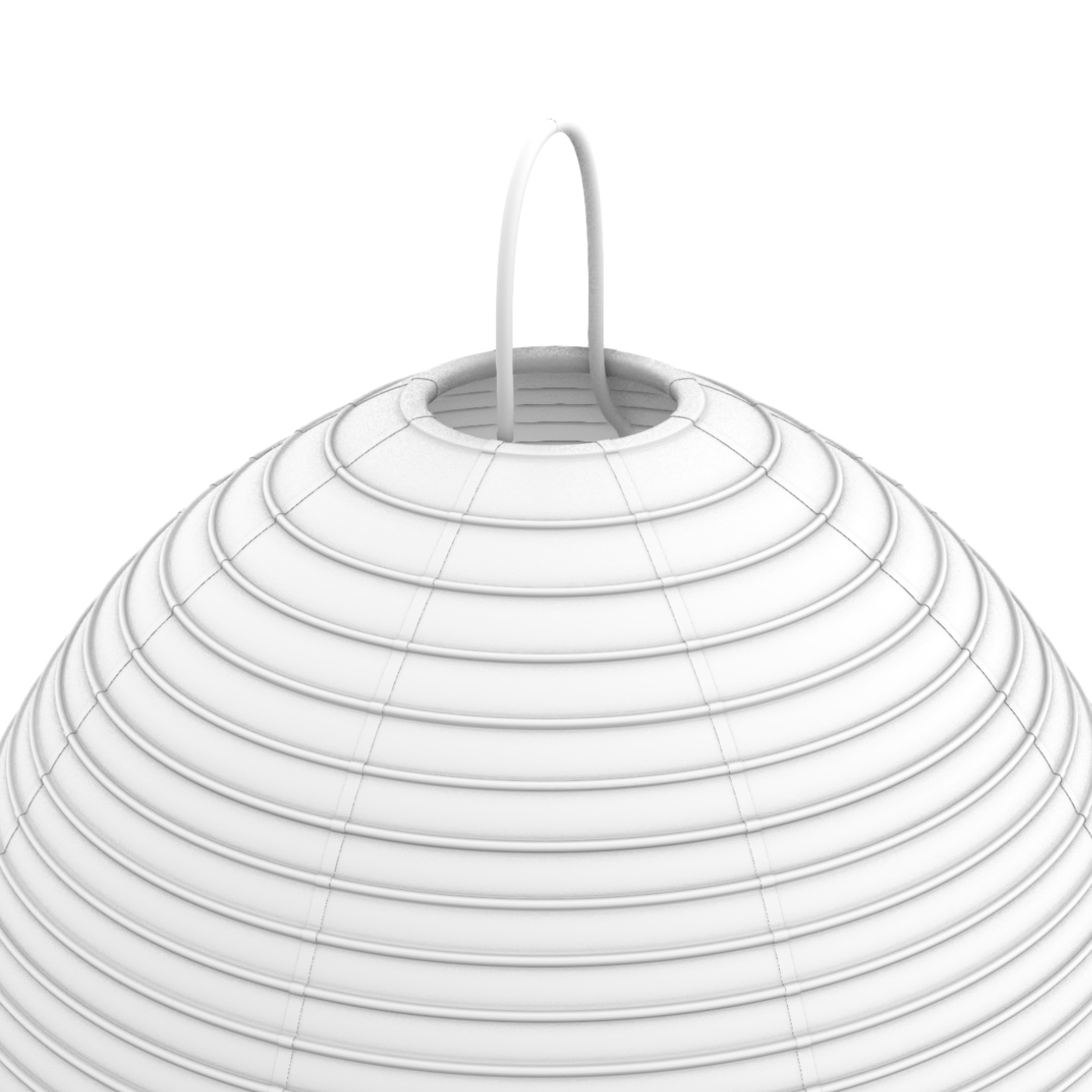 Close-up of a modern, white, circular, layered ceiling light fixture with a small hook at the top. ISAMU NOGUCHI AKARI