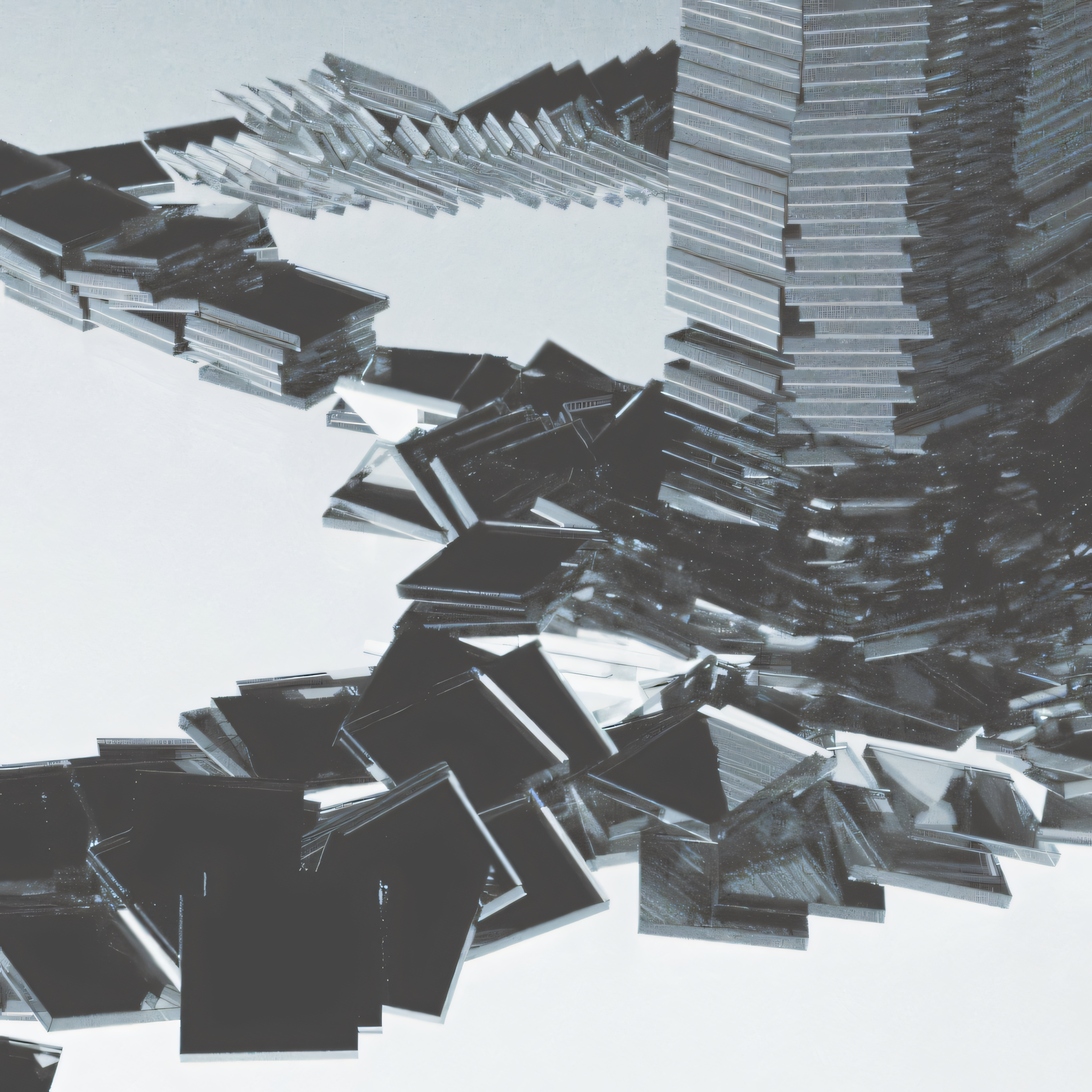 Abstract sculpture made of stacked silver and black rectangular metal pieces.