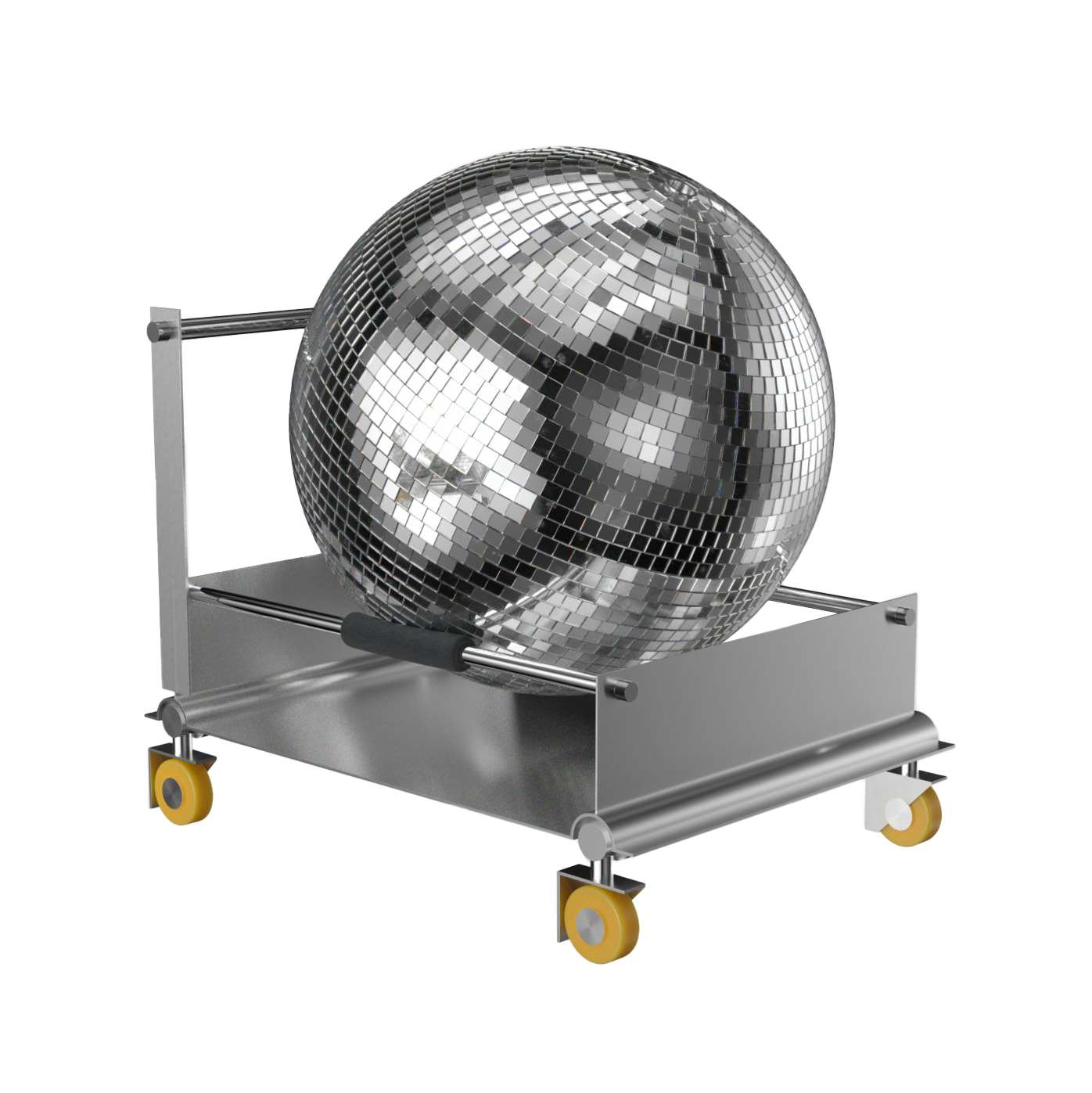 A large disco ball with mirrored tiles resting on a metal platform with caster wheels.
