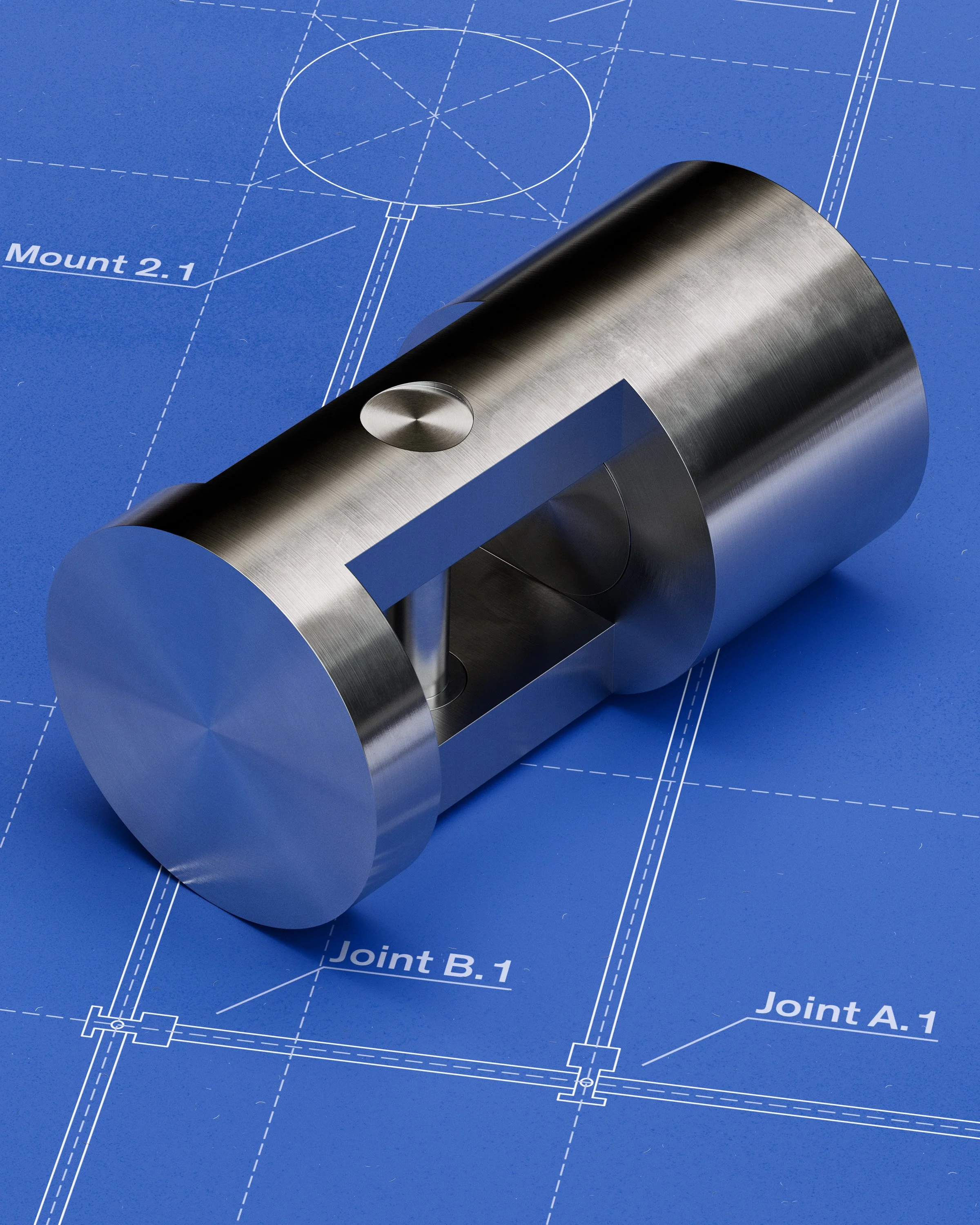 A metal cylindrical component with a brushed finish resting on a blue technical blueprint with labeled joints and measurements.