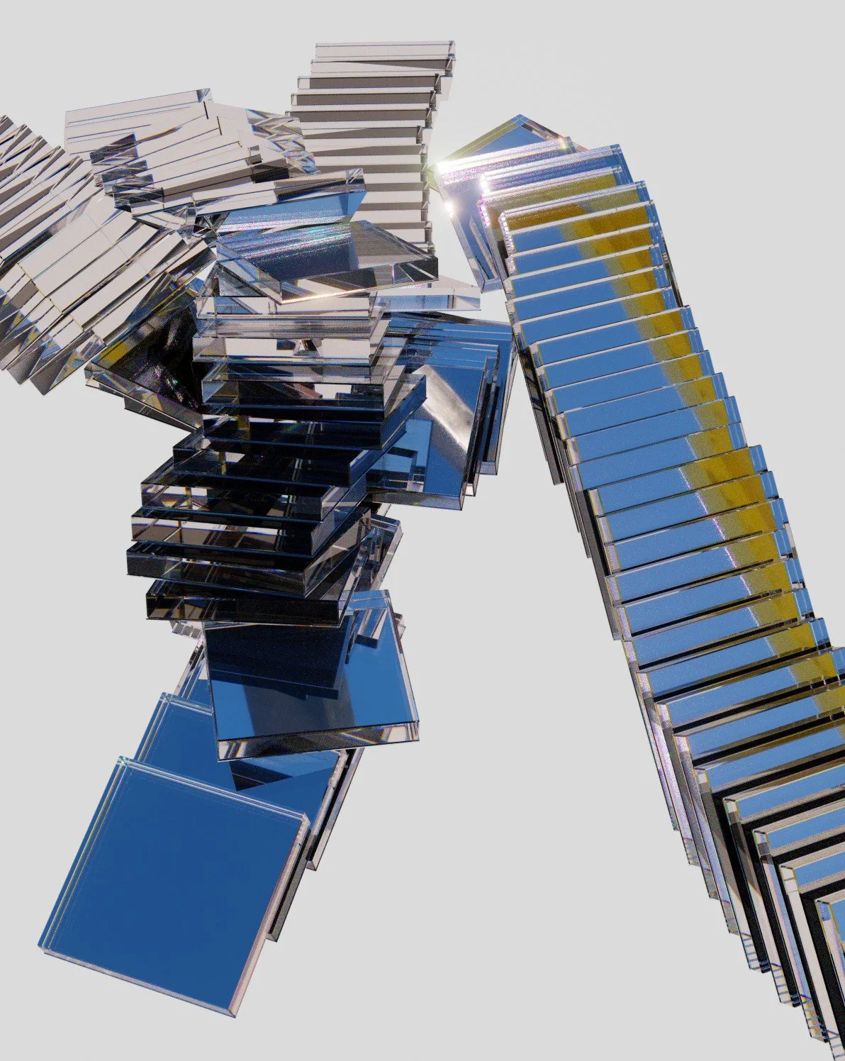 A collection of reflective, metallic, and glass geometric shapes arranged in a scattered manner against a light background.