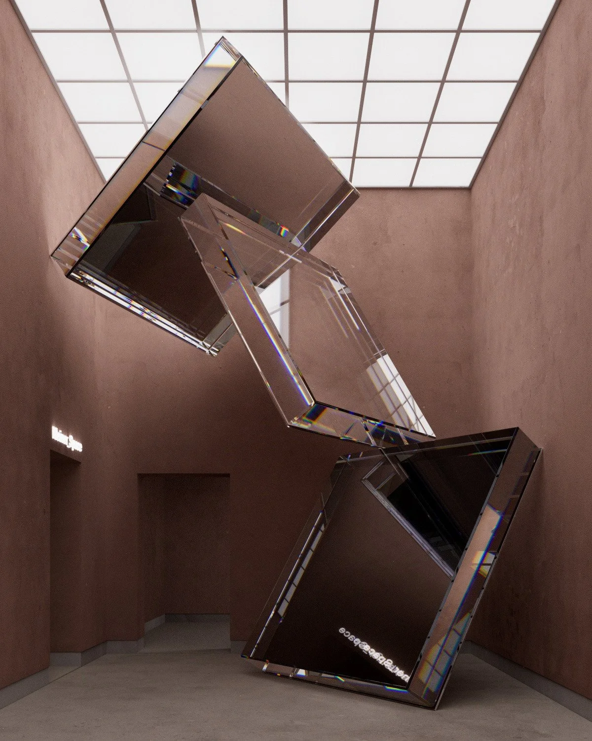 Contemporary art installation of three large, tilted, reflective rectangular mirrors in a gallery space with brown walls and a grid-patterned ceiling.