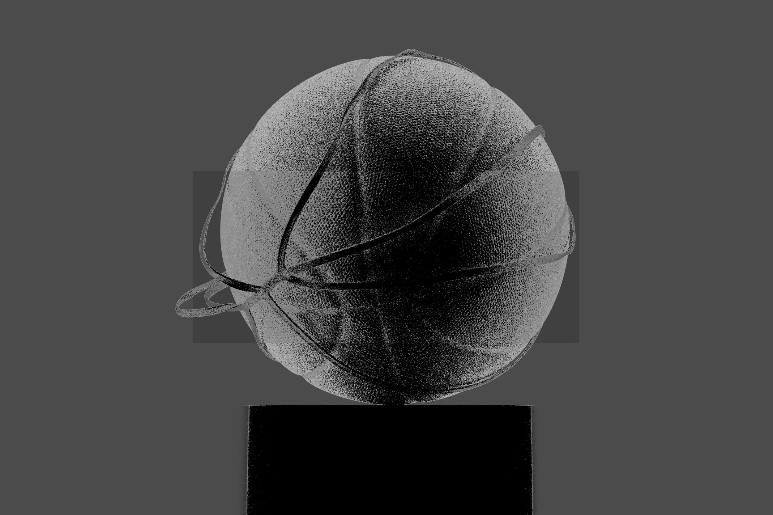 A black and white image of a basketball with a net pattern draped over it, positioned on a black surface against a gray background.