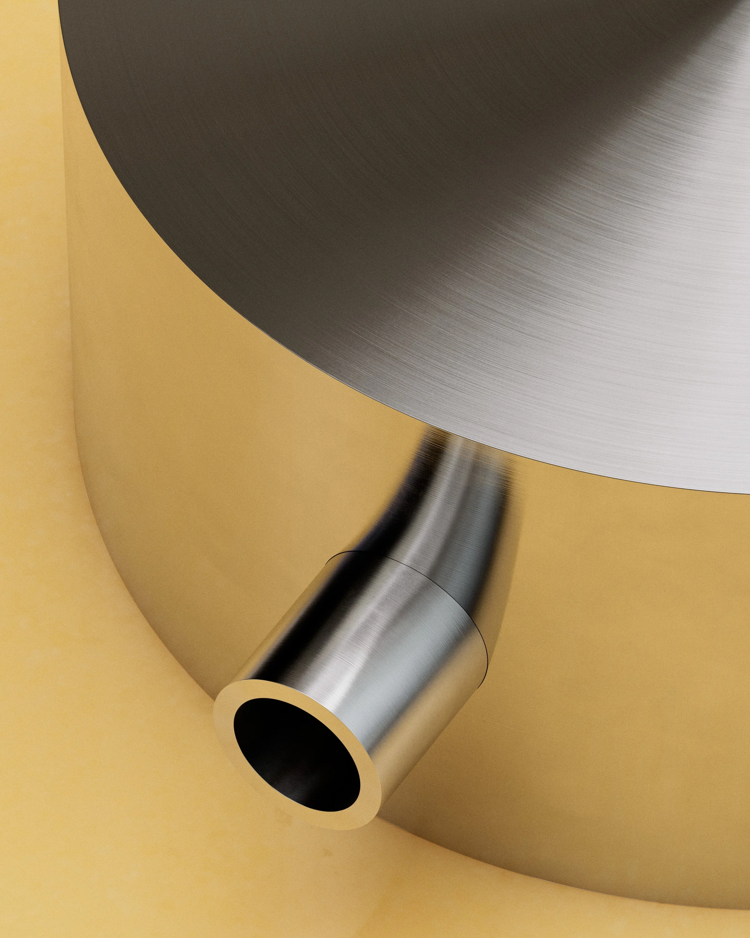 An abstract industrial detail showing polished metal elements embedded within a softly curved structure.