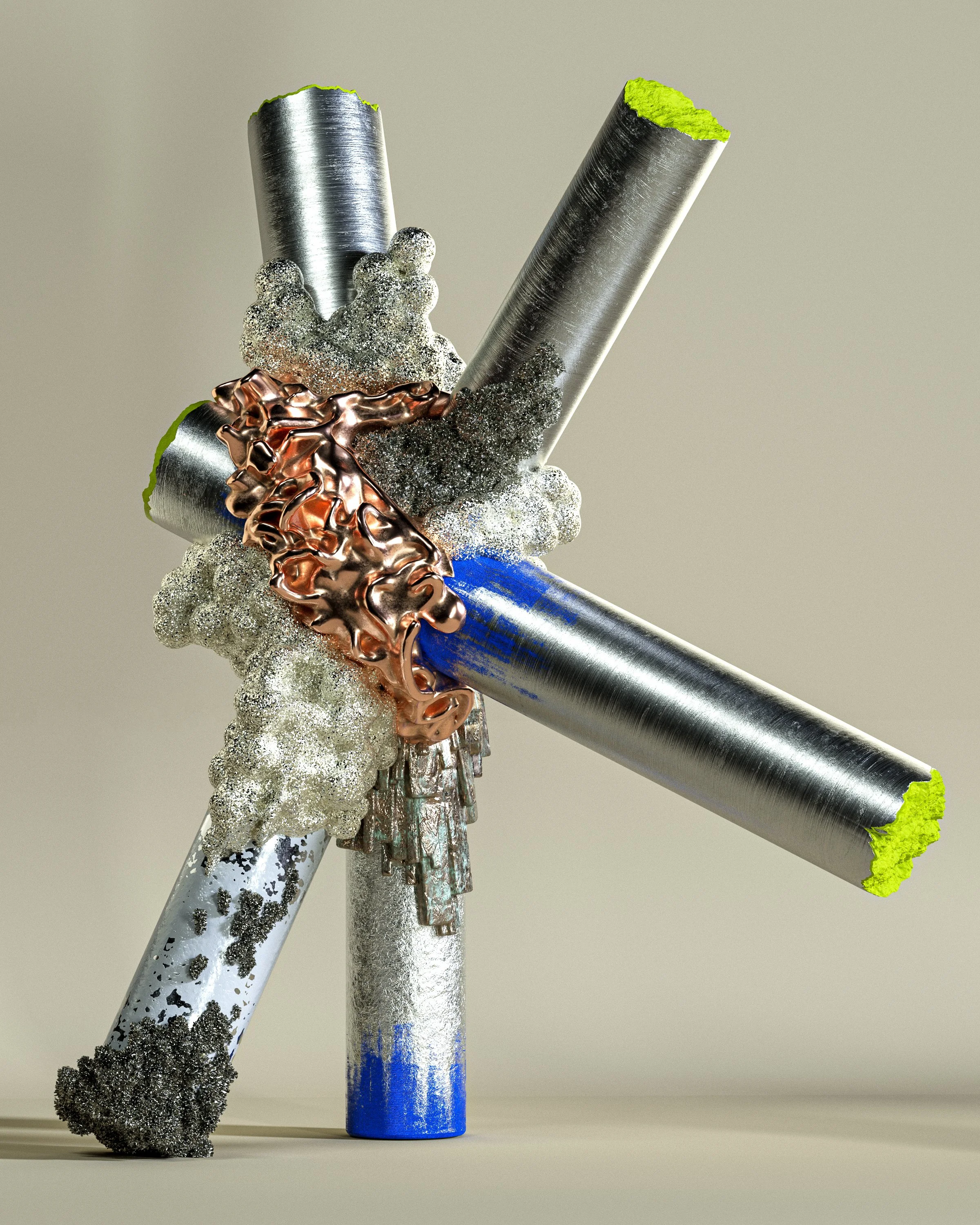 Abstract sculpture made of metallic tubes with green, blue, and copper-colored elements, and various textured materials resembling foam and clay.